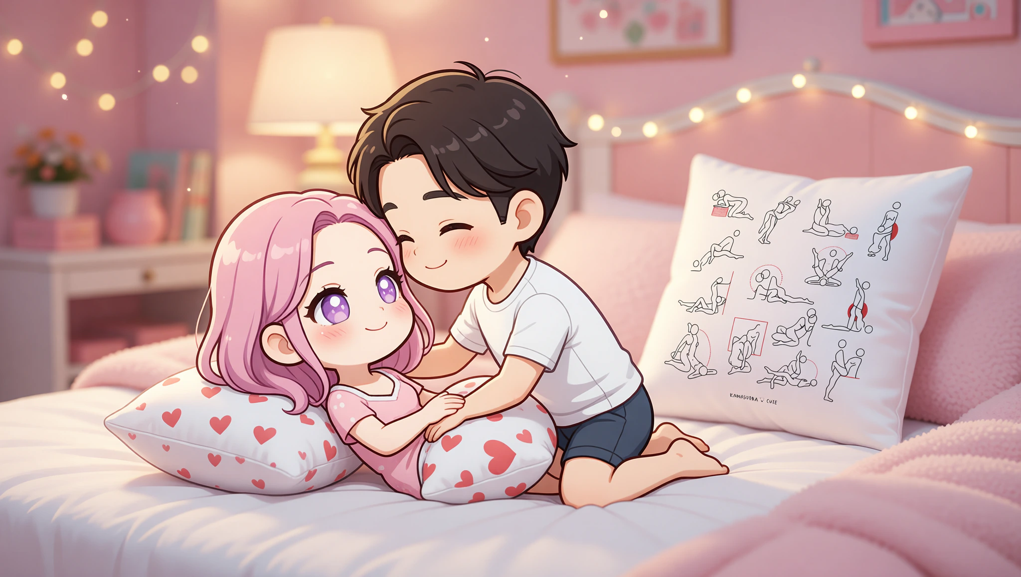 A man and woman sharing an intimate elevated missionary position with a supportive pillow for deeper connection.