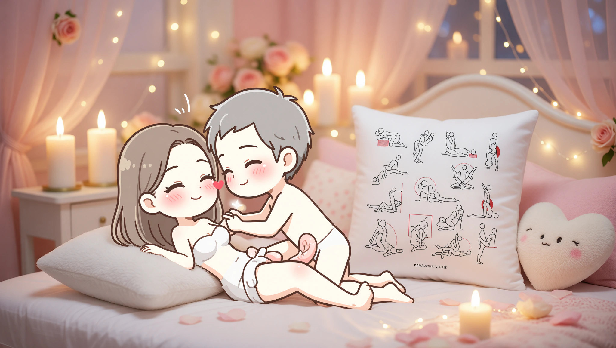 A loving man and woman in an elevated missionary sex position using a supportive cute pillow for their anniversary intimacy.
