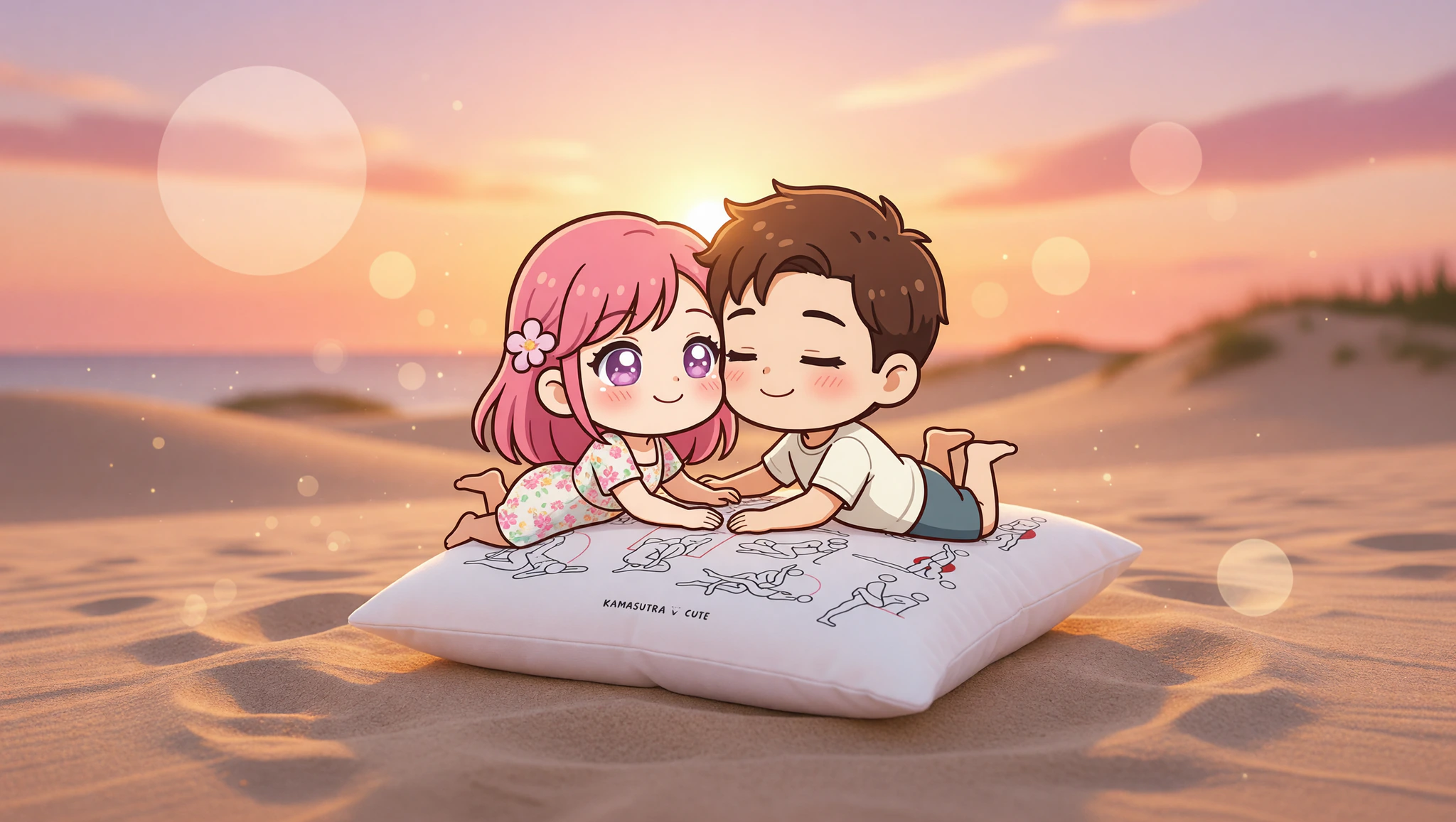 Couple in car on road trip at sunset