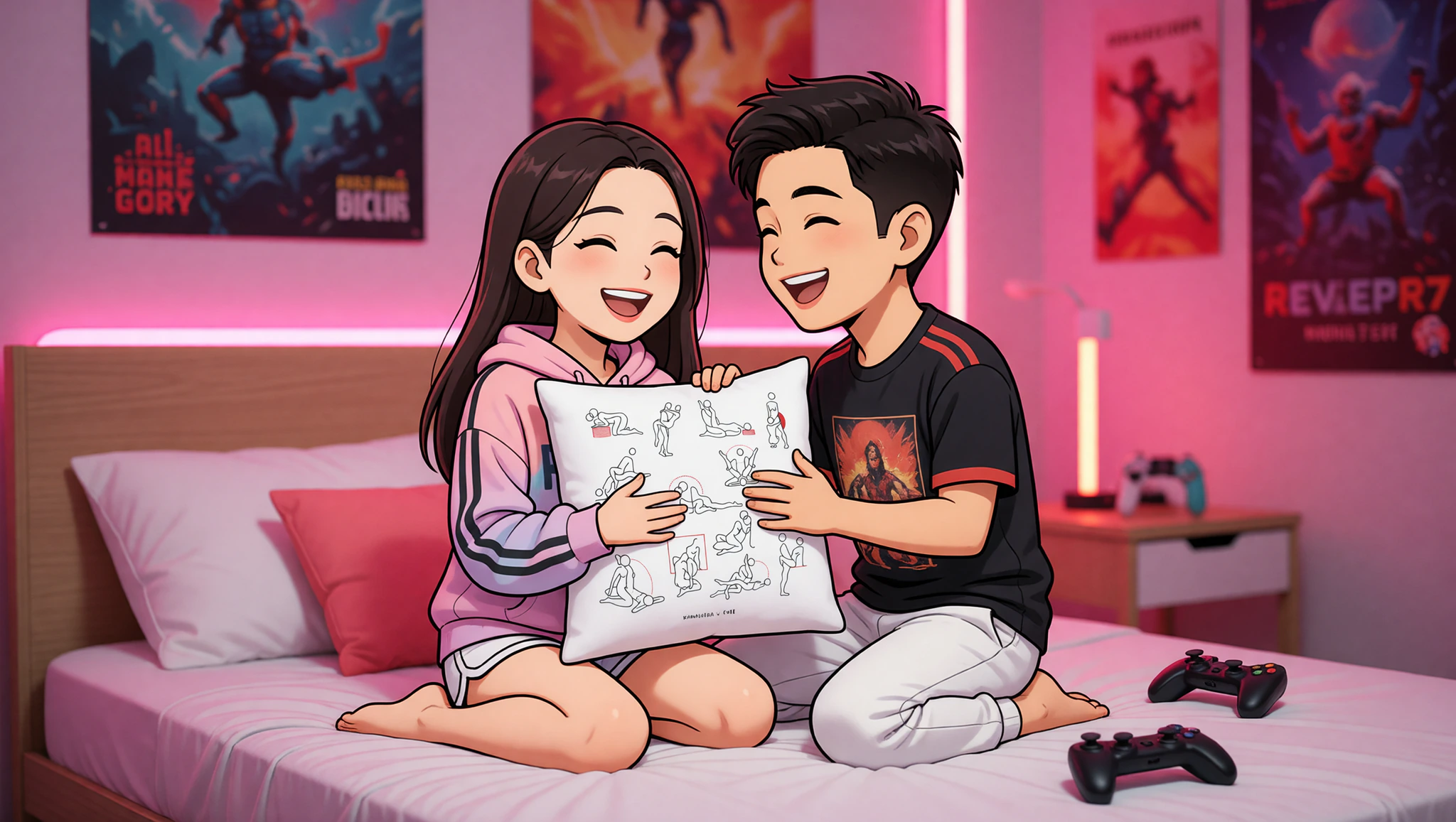 Excited gamer couple, a man and woman, enjoying a controller-themed intimate position in a gaming-decorated bedroom.