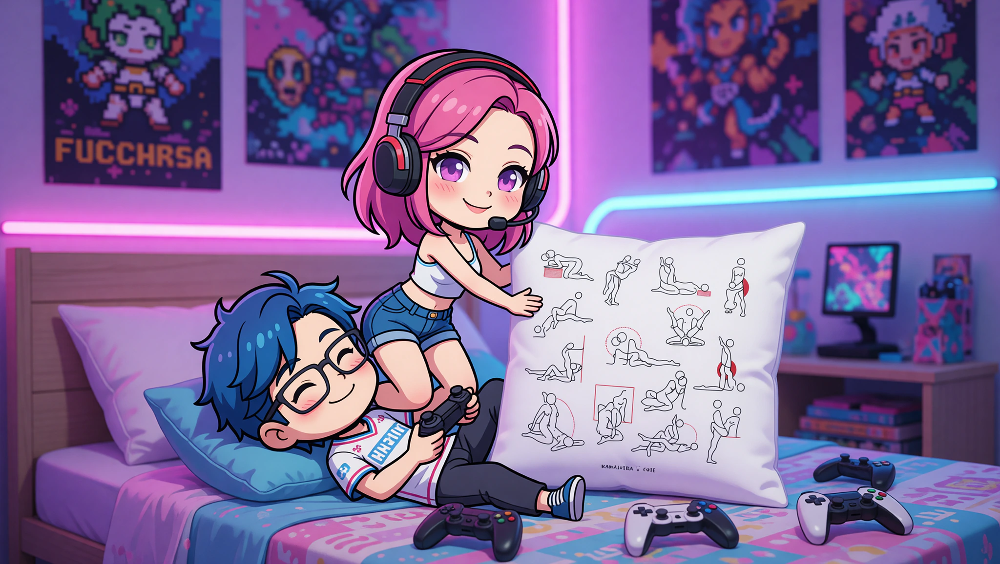 Ein verspieltes Gamer-Paar in der Power-Up Reiterin Stellung umgeben von Gaming-Elementen.