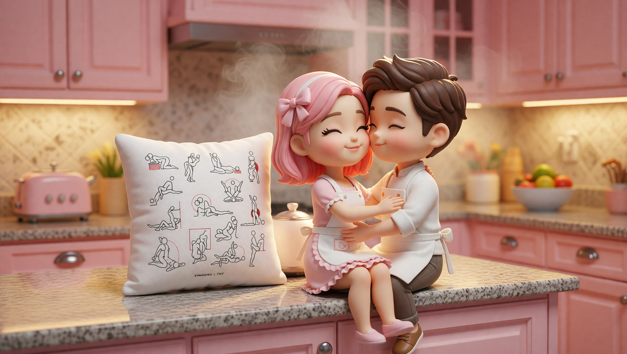 A man and woman sharing a flirty intimate moment on a kitchen counter.