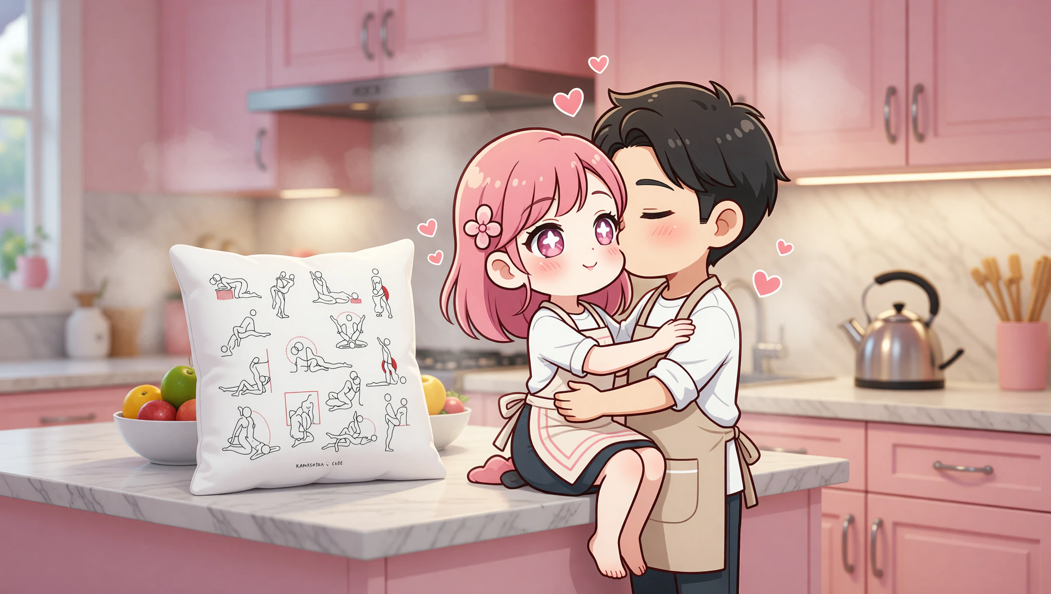 A man and woman passionately engaged in a countertop sex position in their kitchen.