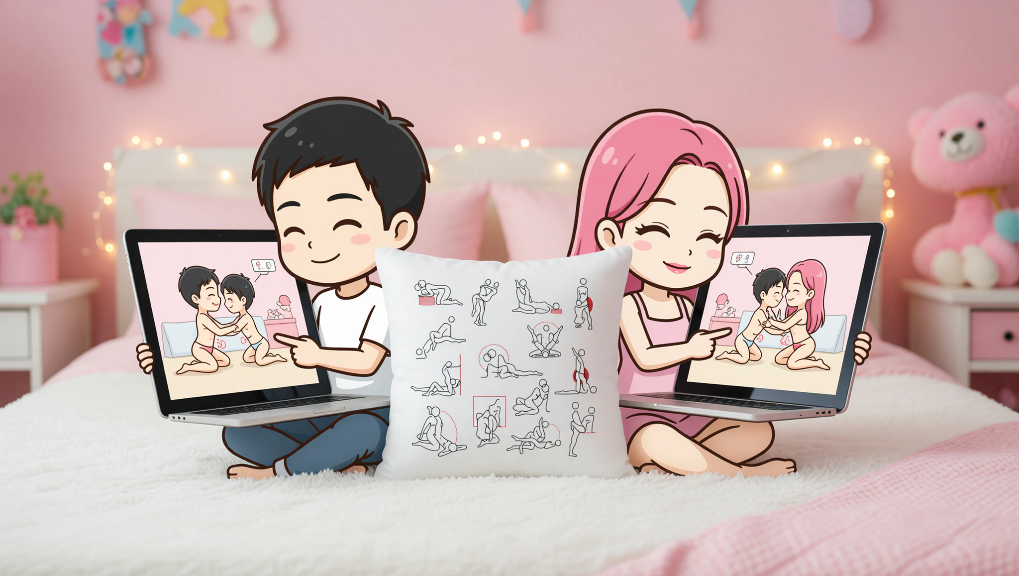 A man and woman engaging in a flirty long-distance video sex position, mirroring each other passionately.