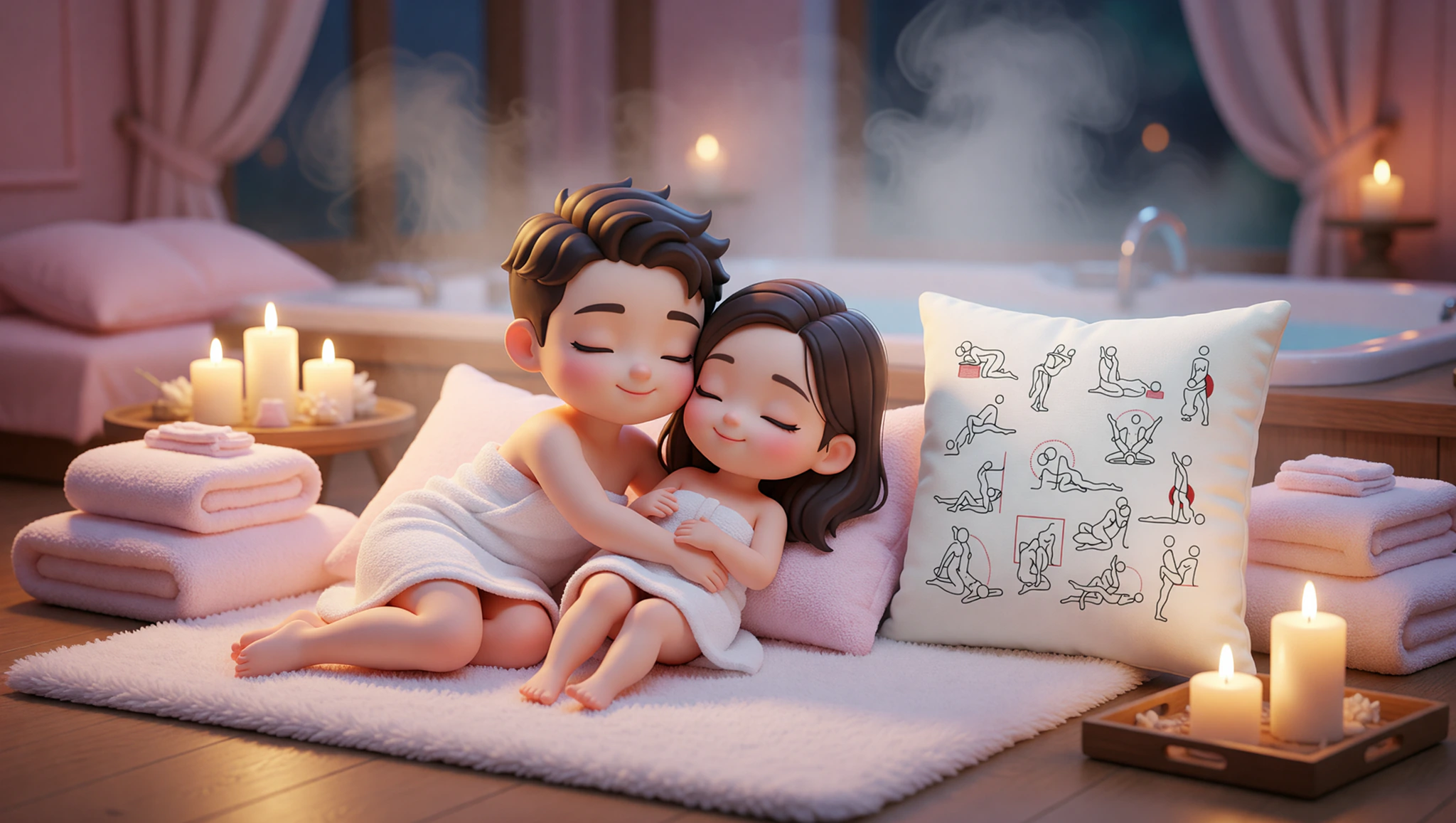 Man and woman couple in serene spooning position on a spa-styled bed surrounded by candles and pillows.