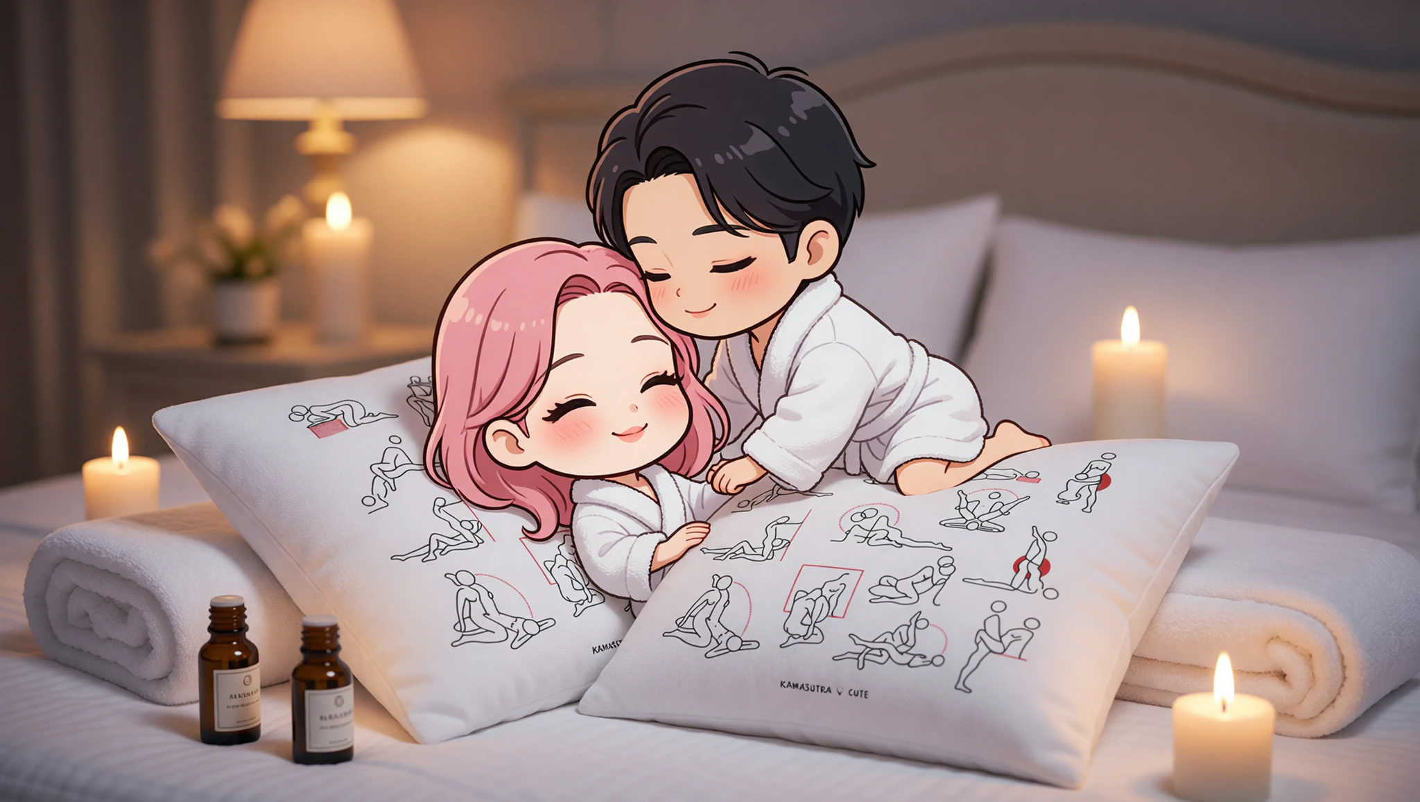 A man and woman sharing an intimate spa relaxation sex position in a candlelit bedroom.