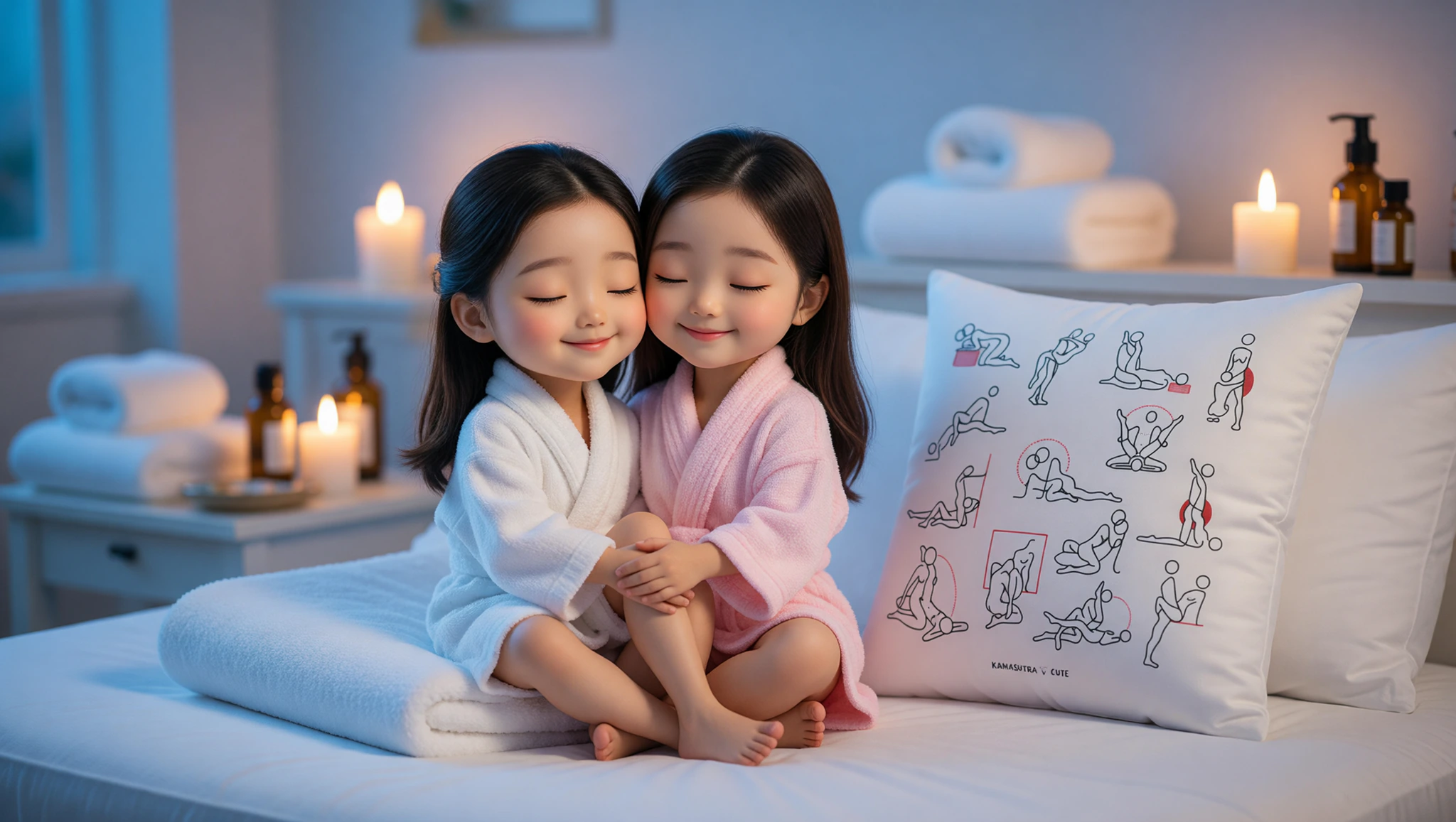 A man and woman embracing in a relaxing Lotus sex position amid a serene spa bedroom setting with candles and soft lighting.