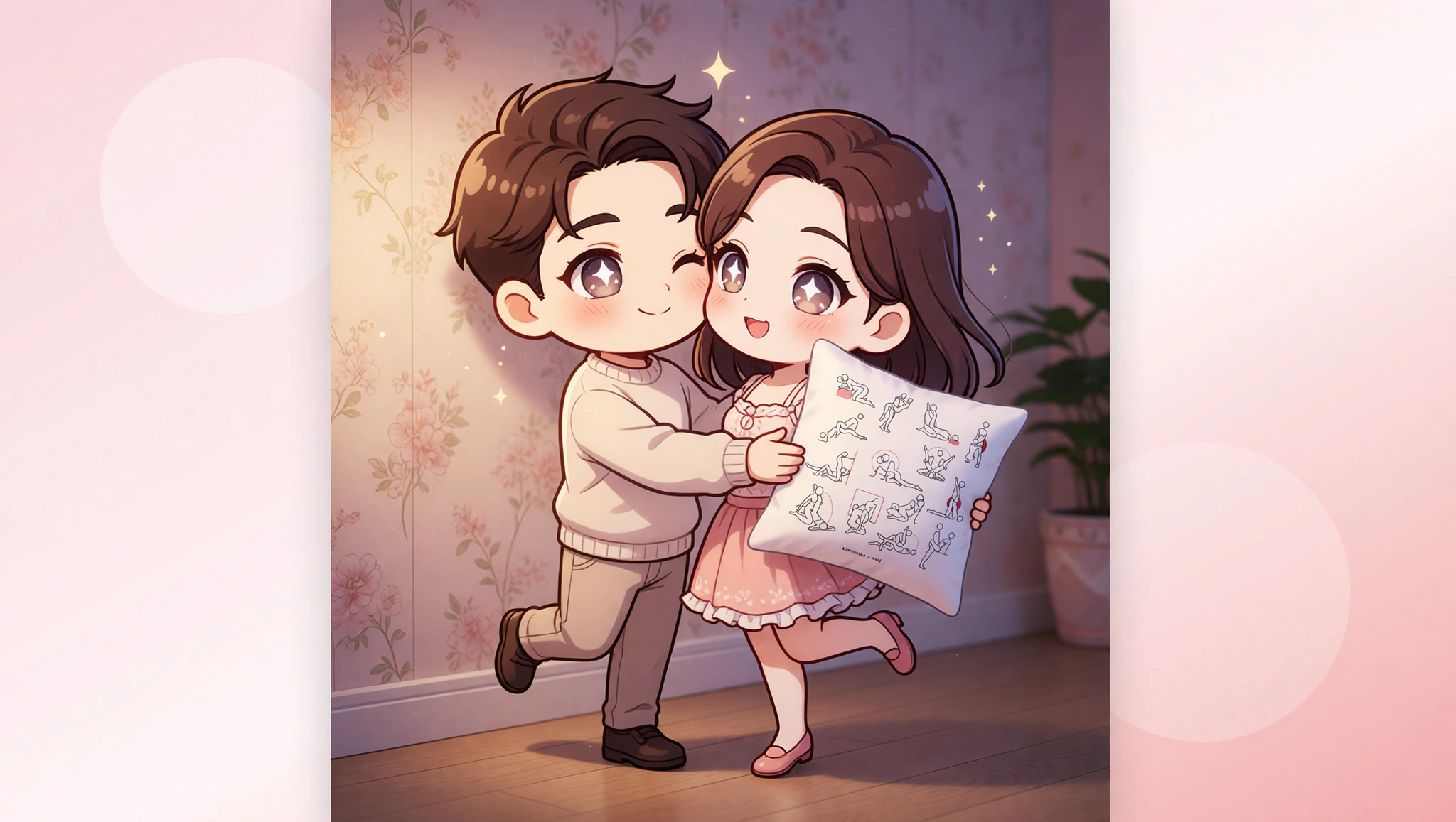 A man and woman passionately engaged in a spontaneous wall sex position in a cozy living room.