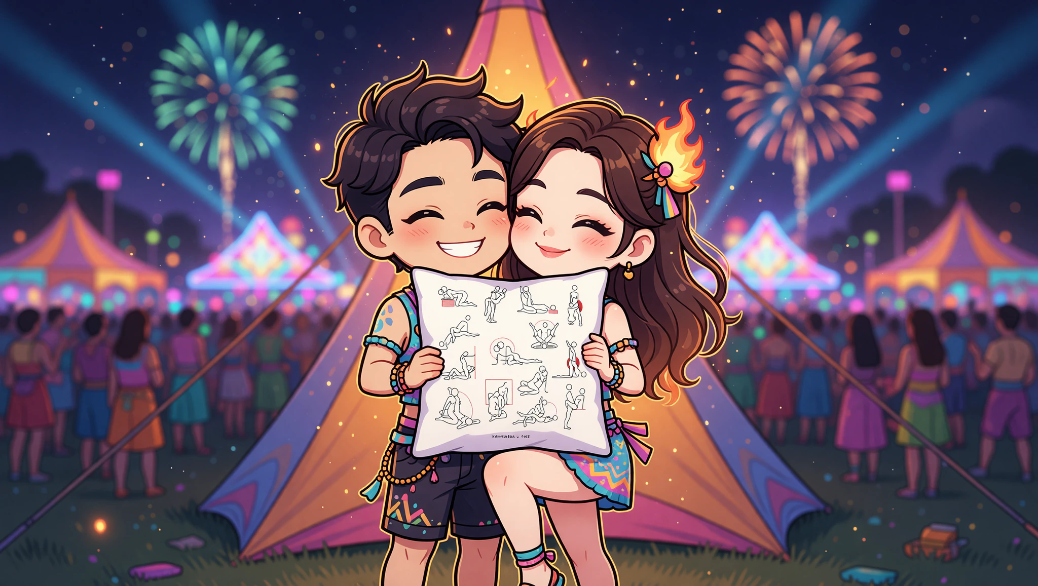 A man and woman passionately embracing in a standing sex position against a festival tent under colorful lights.