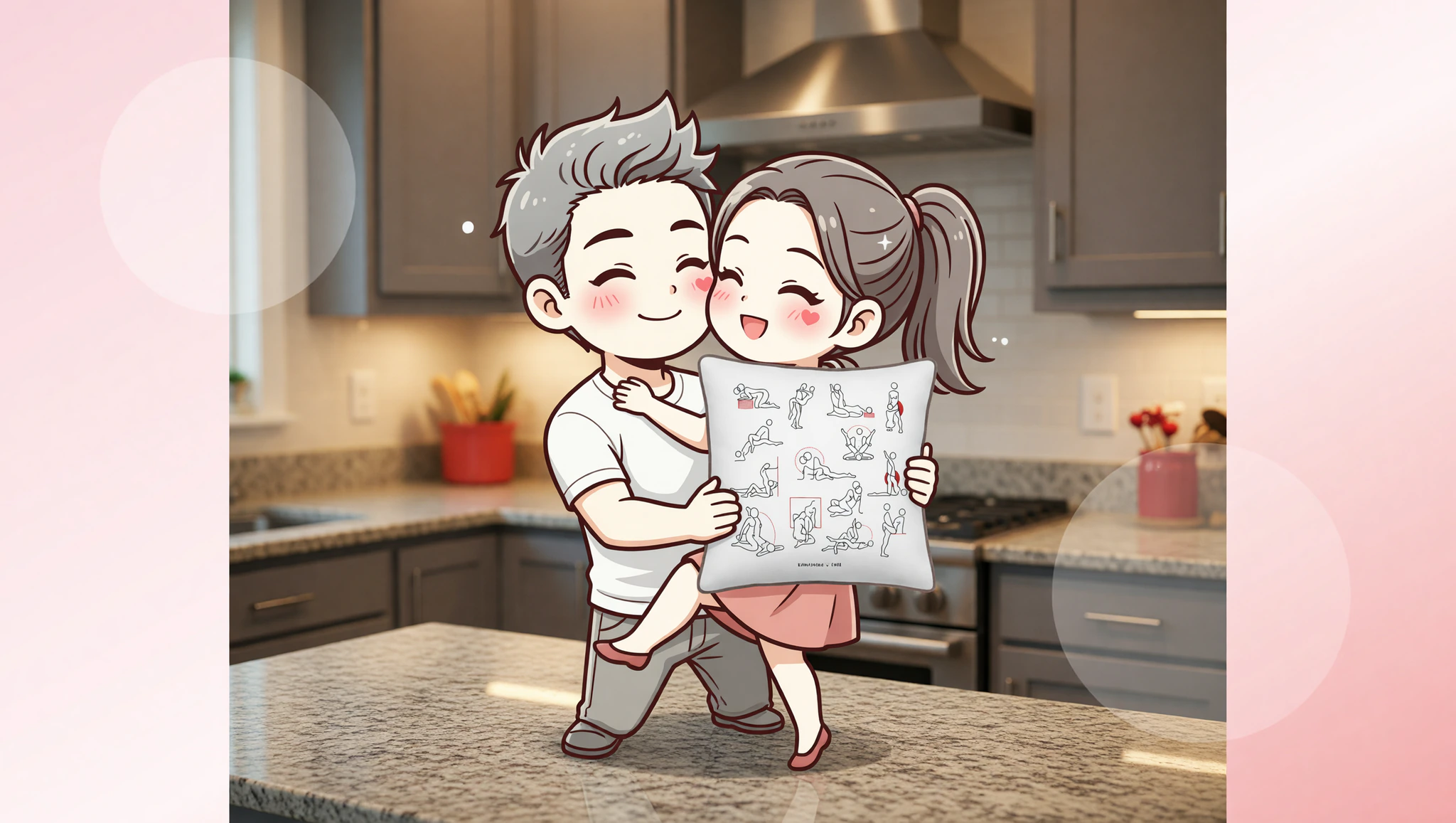 Passionate man and woman in steamy kitchen countertop sex position.