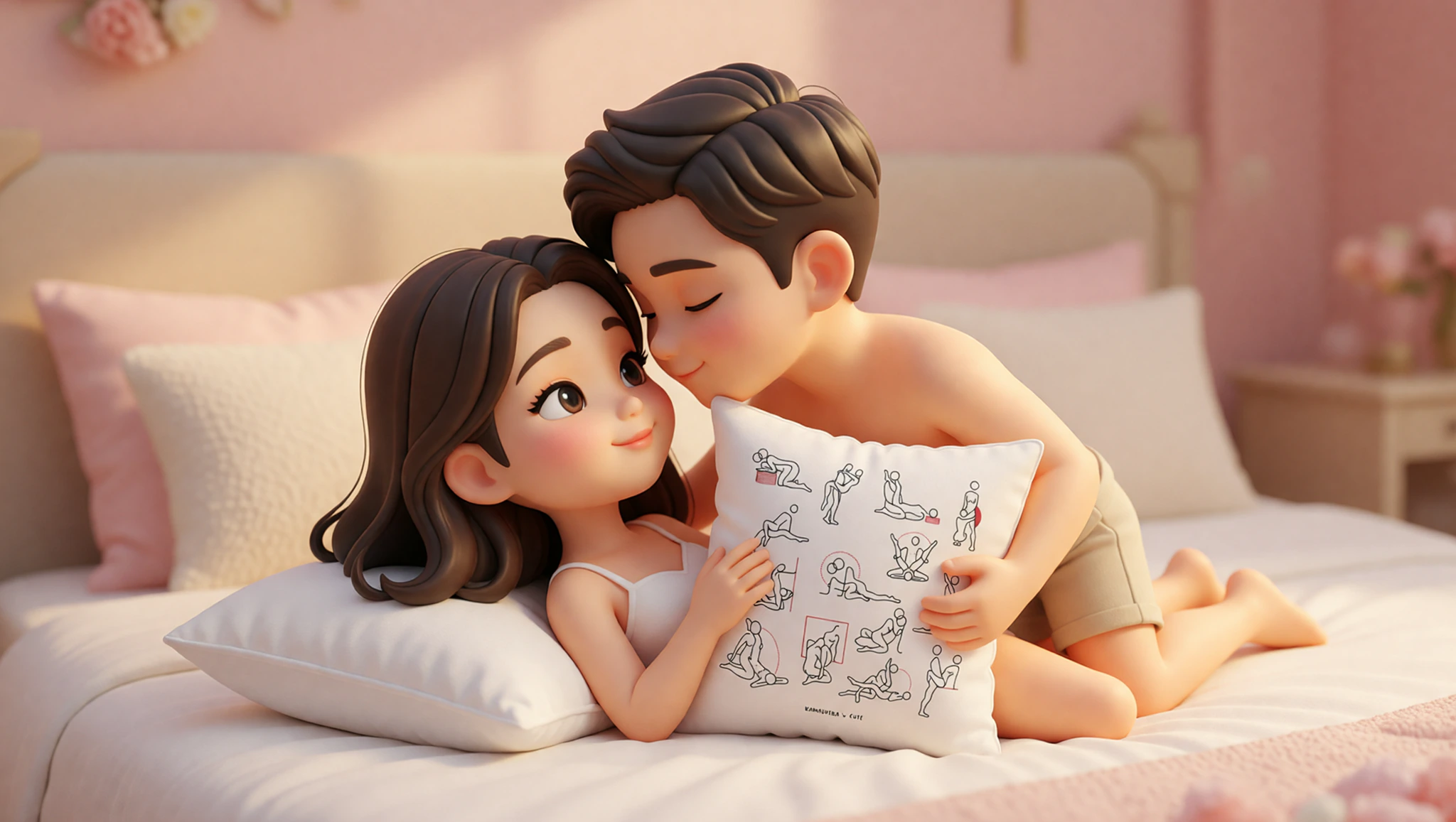 Newlywed couple in intimate honeymoon missionary position using a supportive pillow.