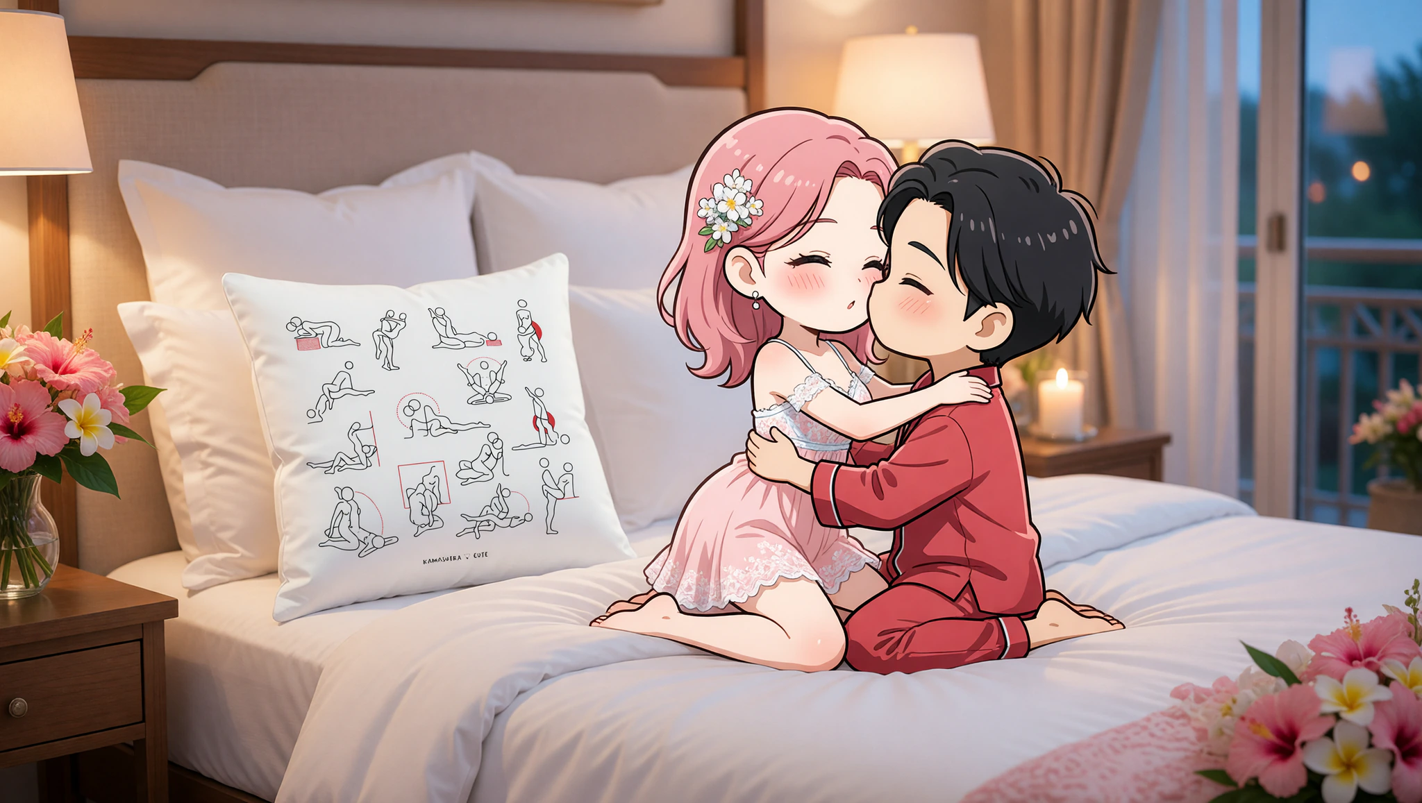 Frischverheiratetes Paar in der Missionarsstellung mit Kamasutra Cute - Basic Pillow für intensive Nähe.