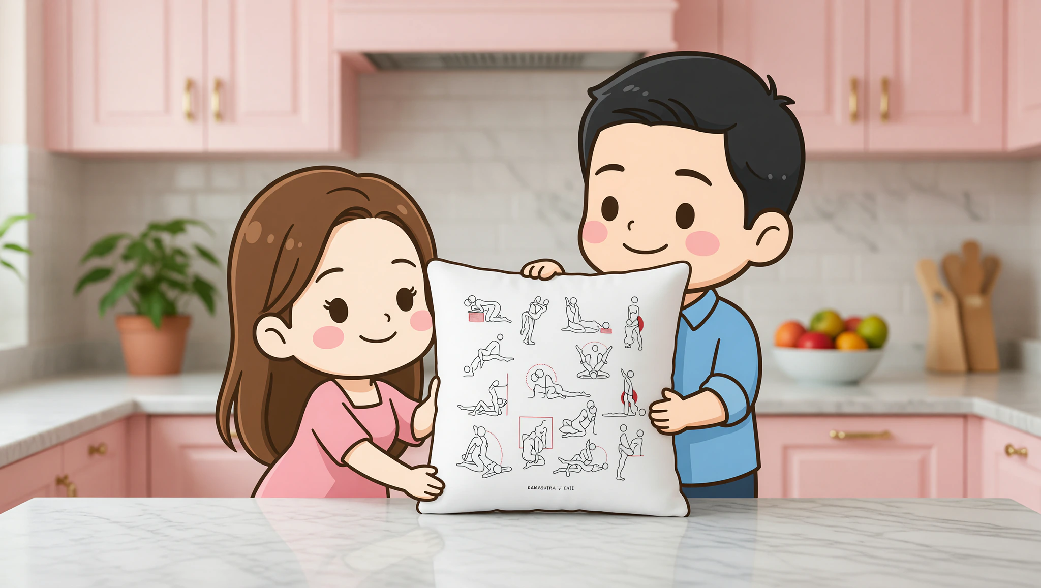 Ein Mann und eine Frau entdecken prickelnde Sexstellungen in einer hellen Küche.