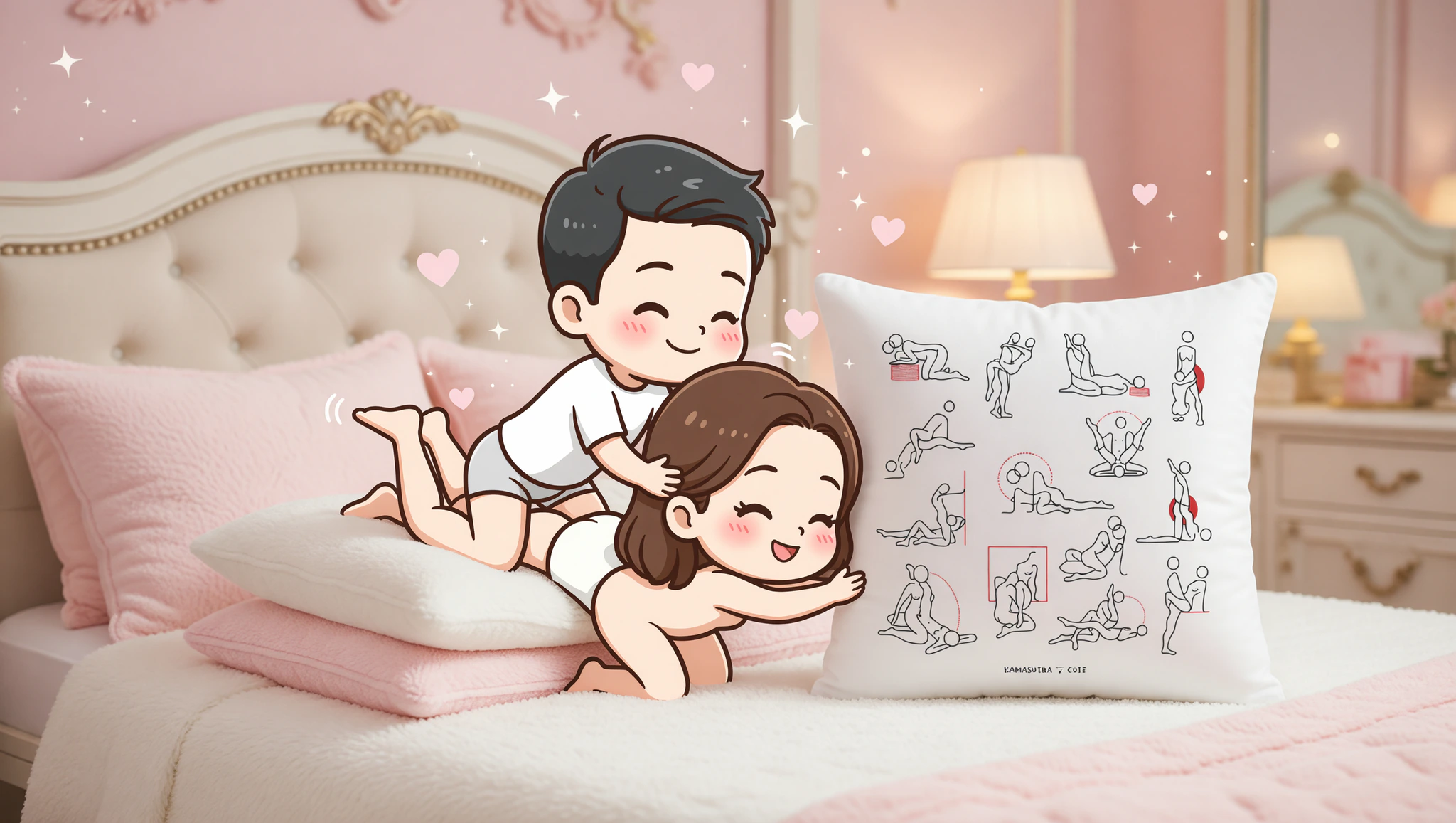 A loving couple enhances intimacy with a pillow-propped missionary position amid stylish bedroom decor.