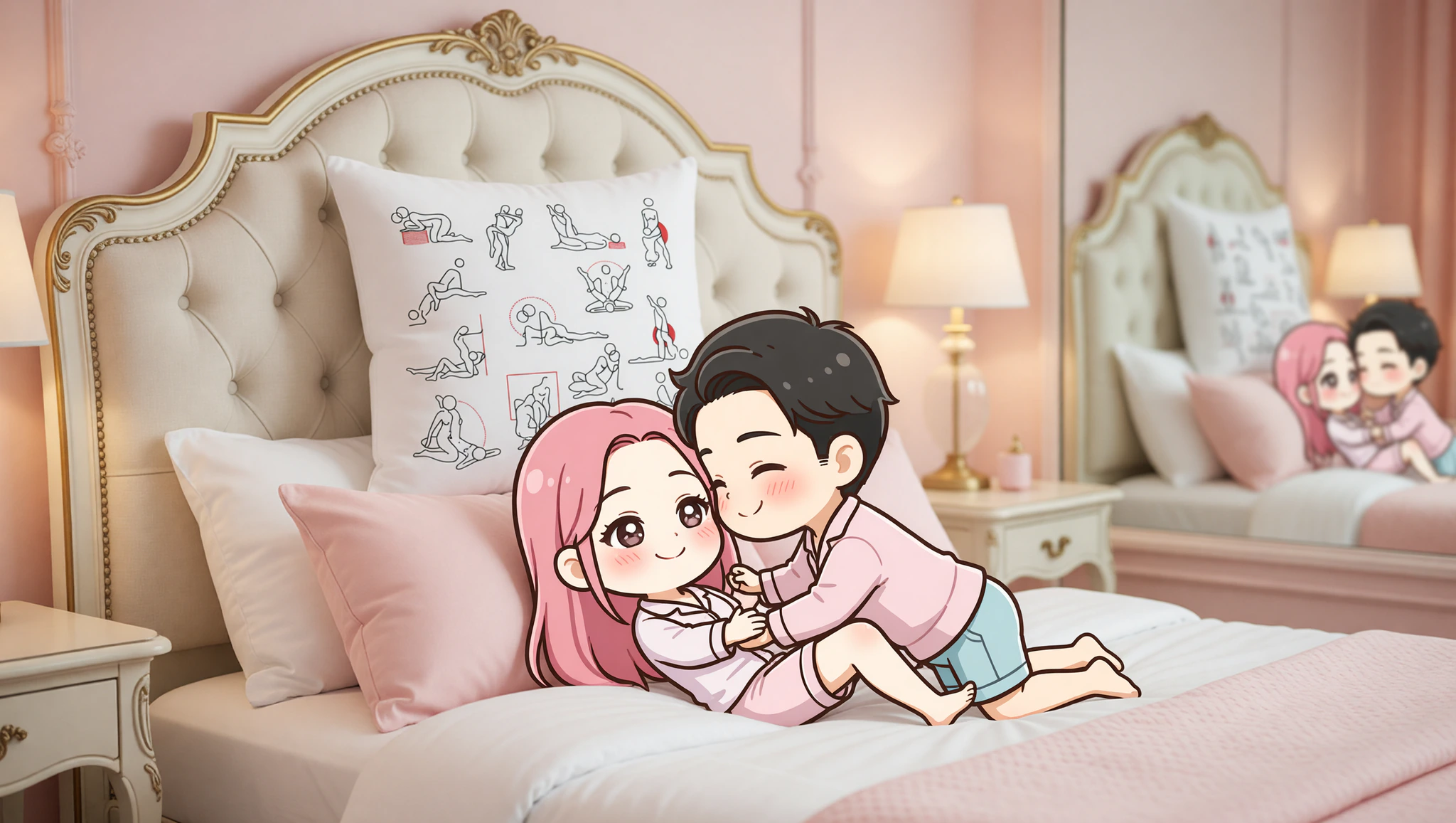 Heterosexual couple intimately positioned against a decorative headboard in a luxurious bedroom, blending style and sensuality.