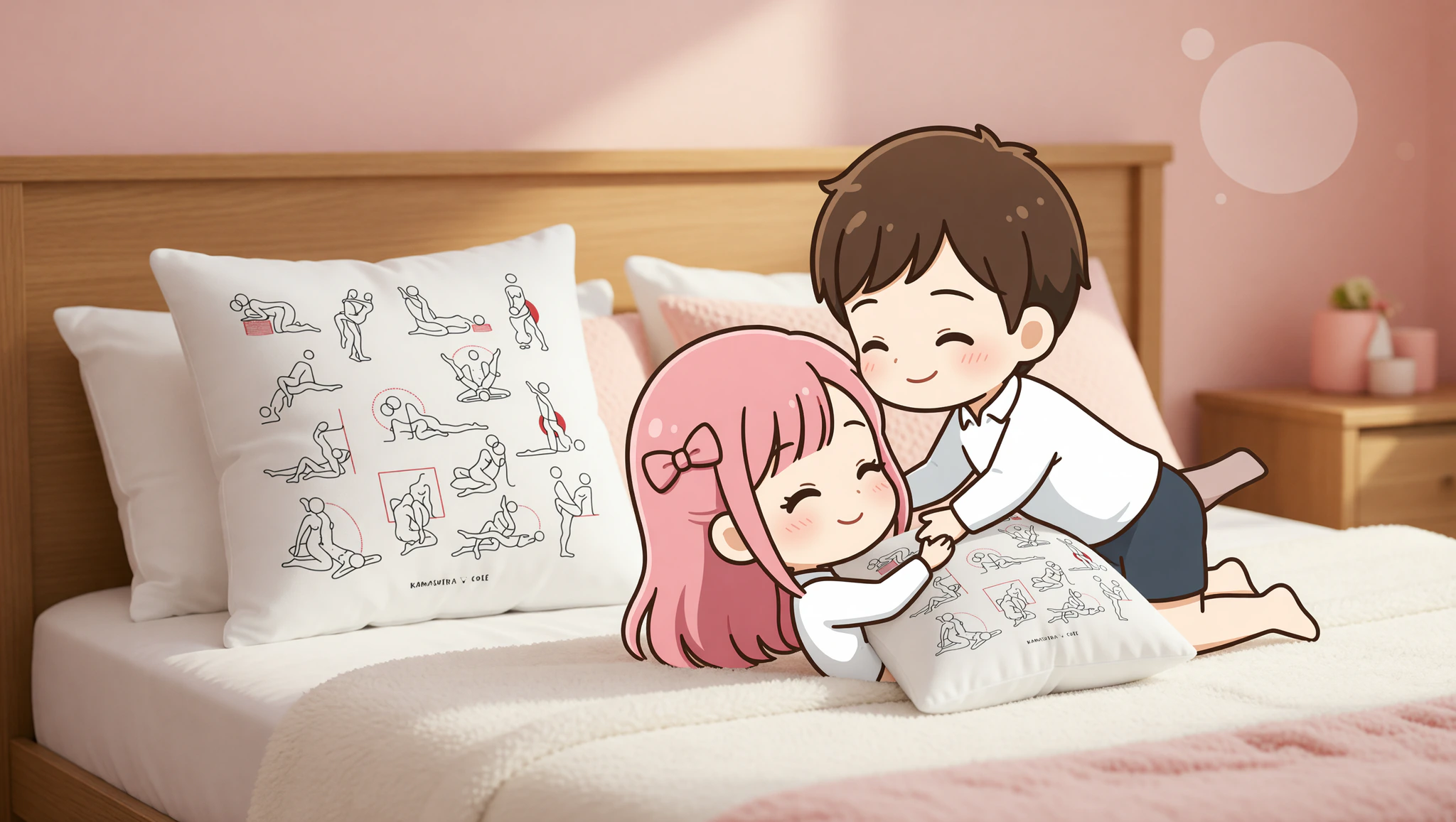 Man and woman in bedroom enjoying missionary sex position elevated by pillows.