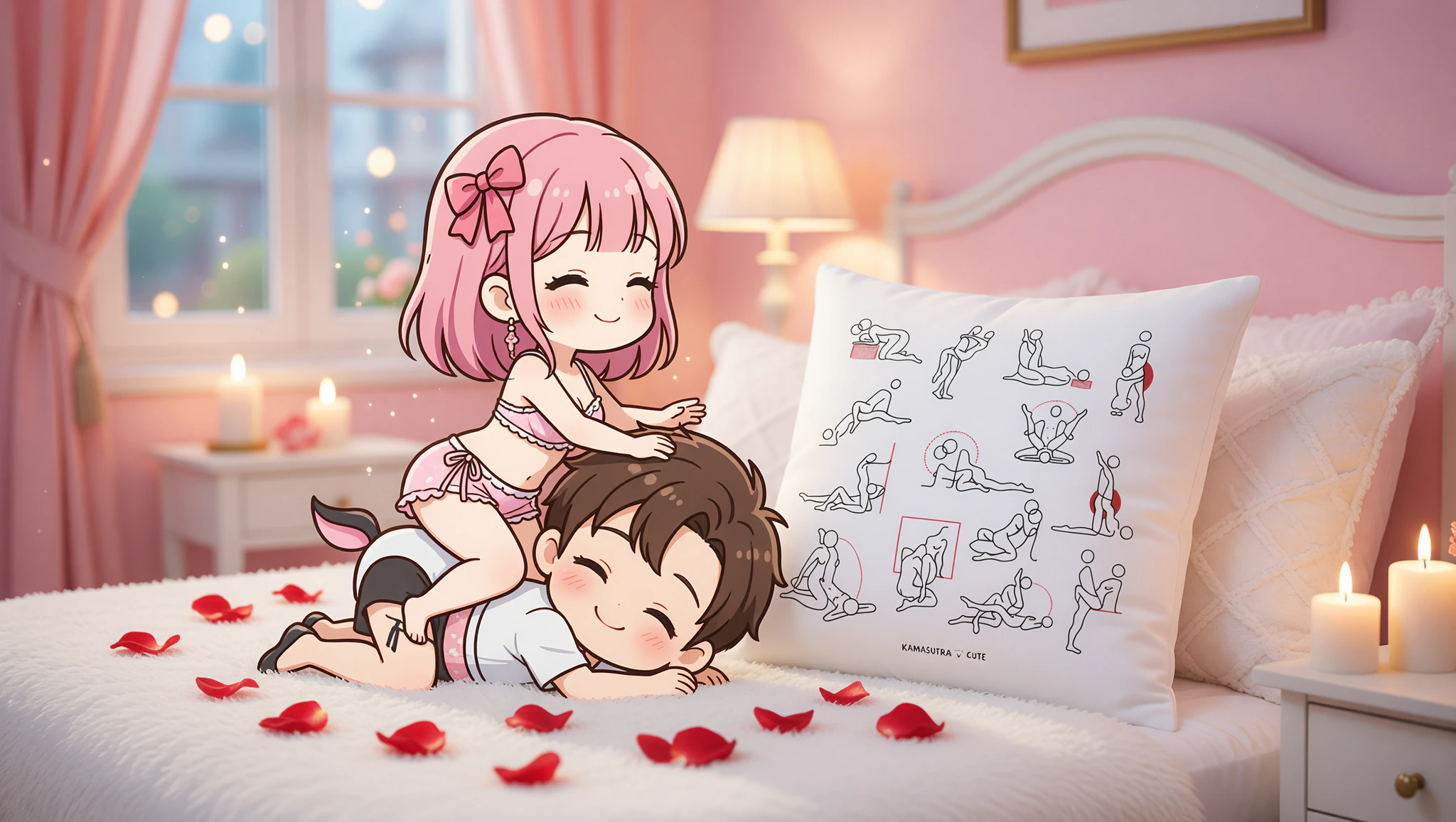 Couple in intimate position on bed during anniversary celebration