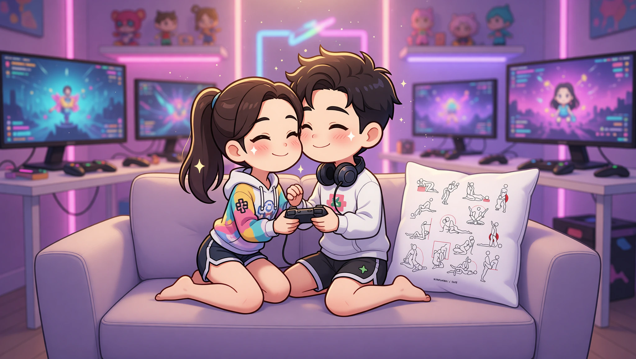 Gamer couple in a position on their couch.