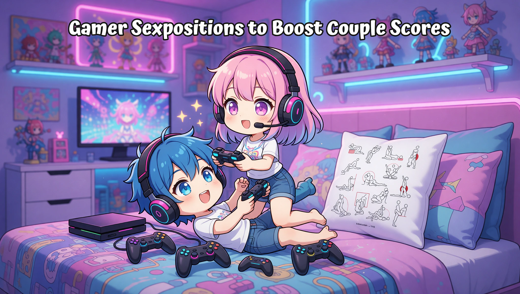 Energetic couple enjoying a gamer-themed sex position in their cozy bedroom setup.