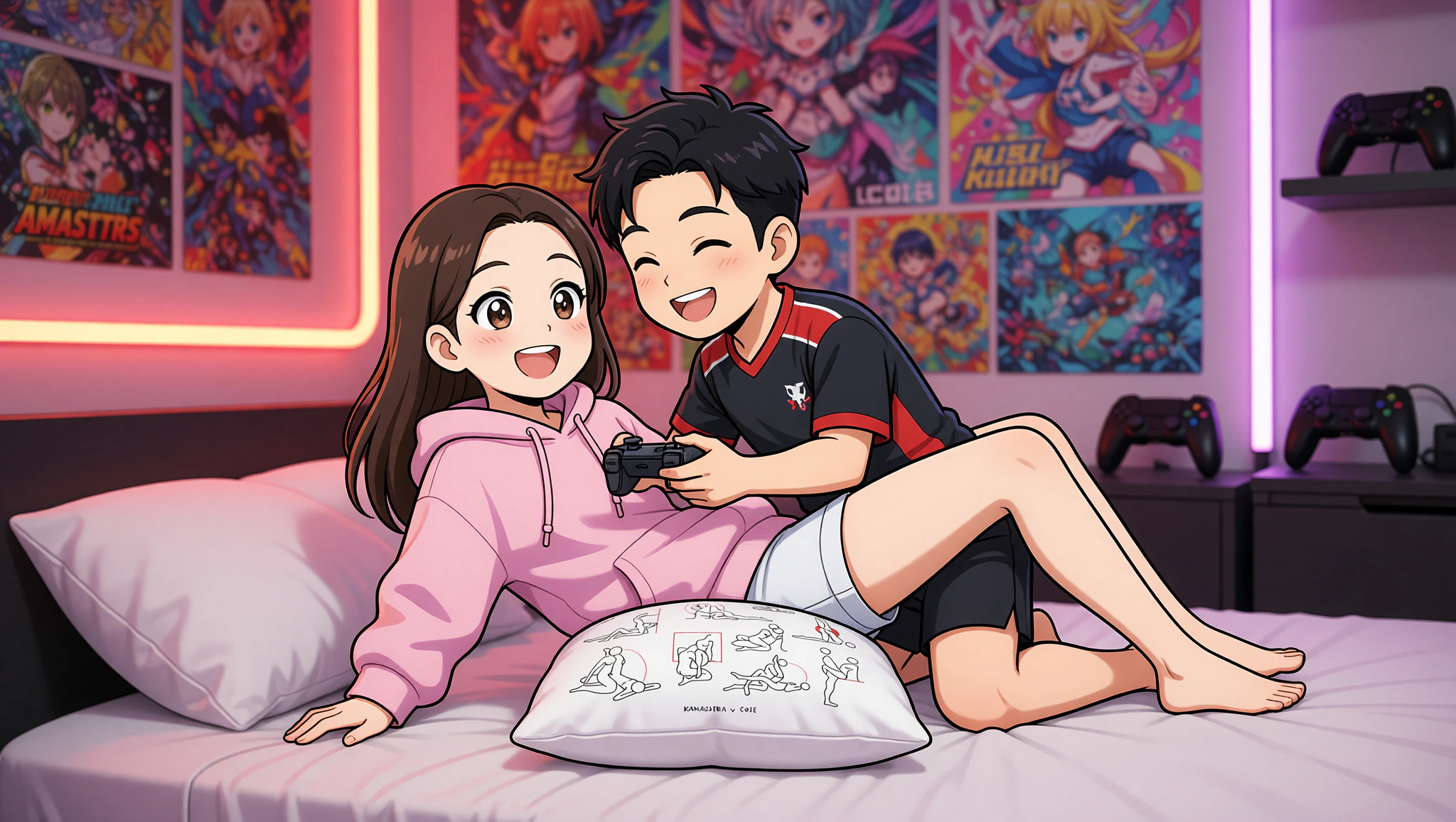 Excited couple in gamer-themed bedroom trying a propped missionary sexposition for high scores.