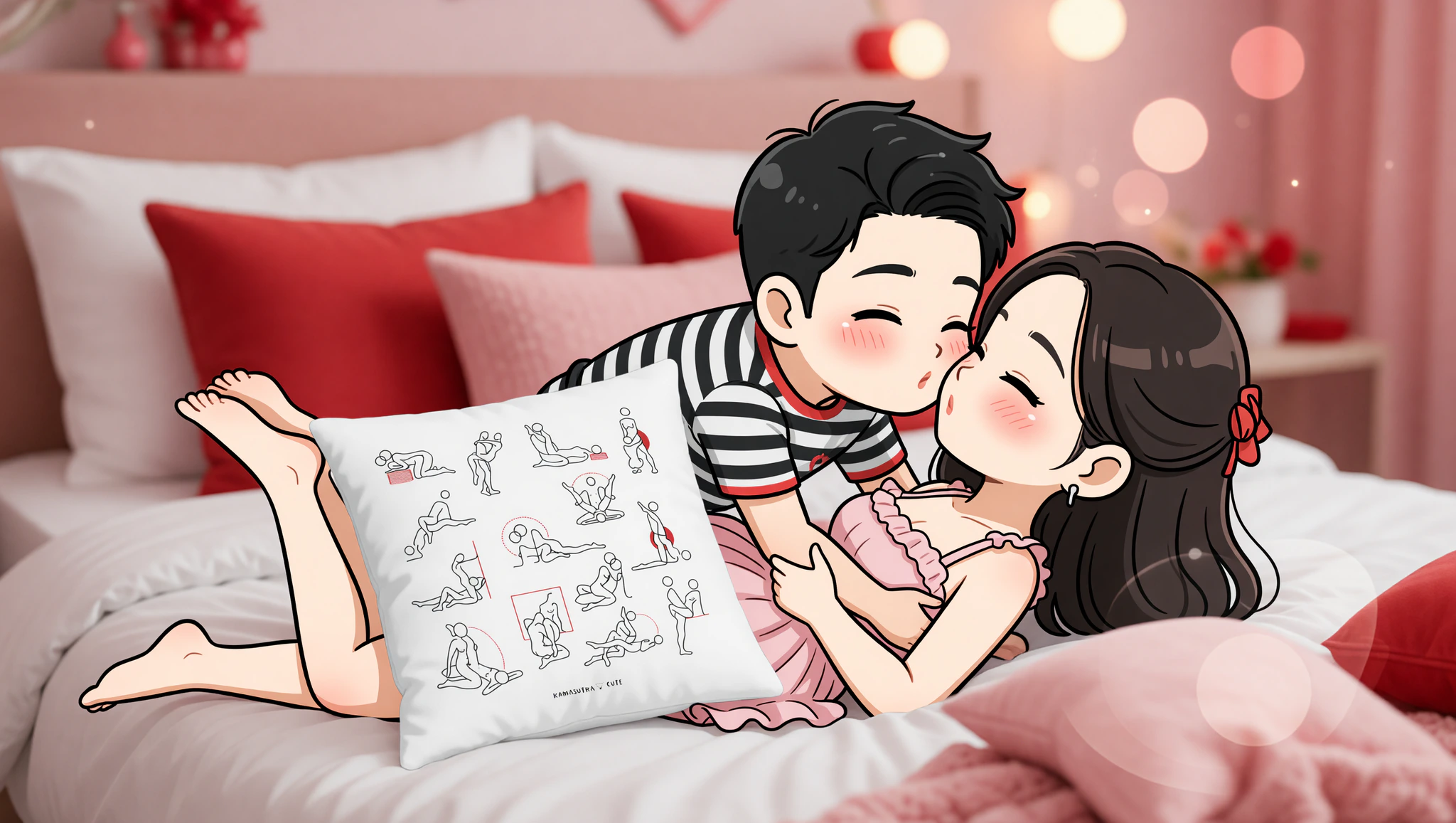 A man and woman in missionary position on their bed at home using a pillow for better angle.