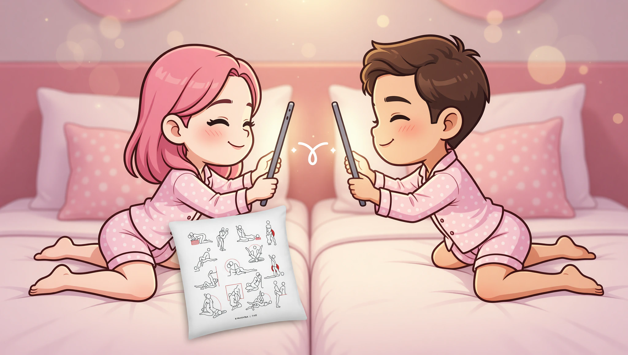 A man and woman passionately mirroring long distance sexpositions during a steamy video call.