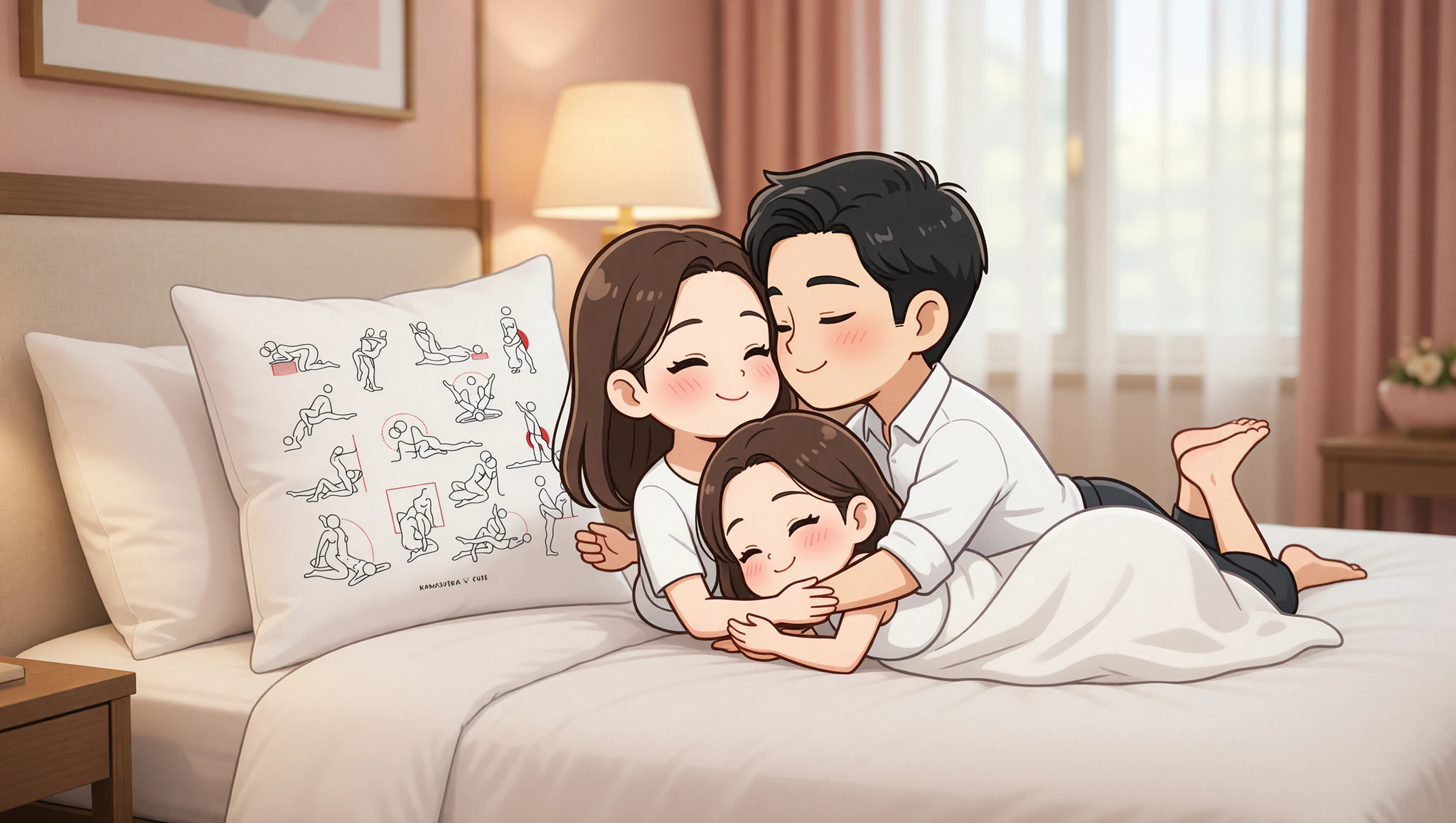 Couple in side spoon position on hotel bed while traveling.