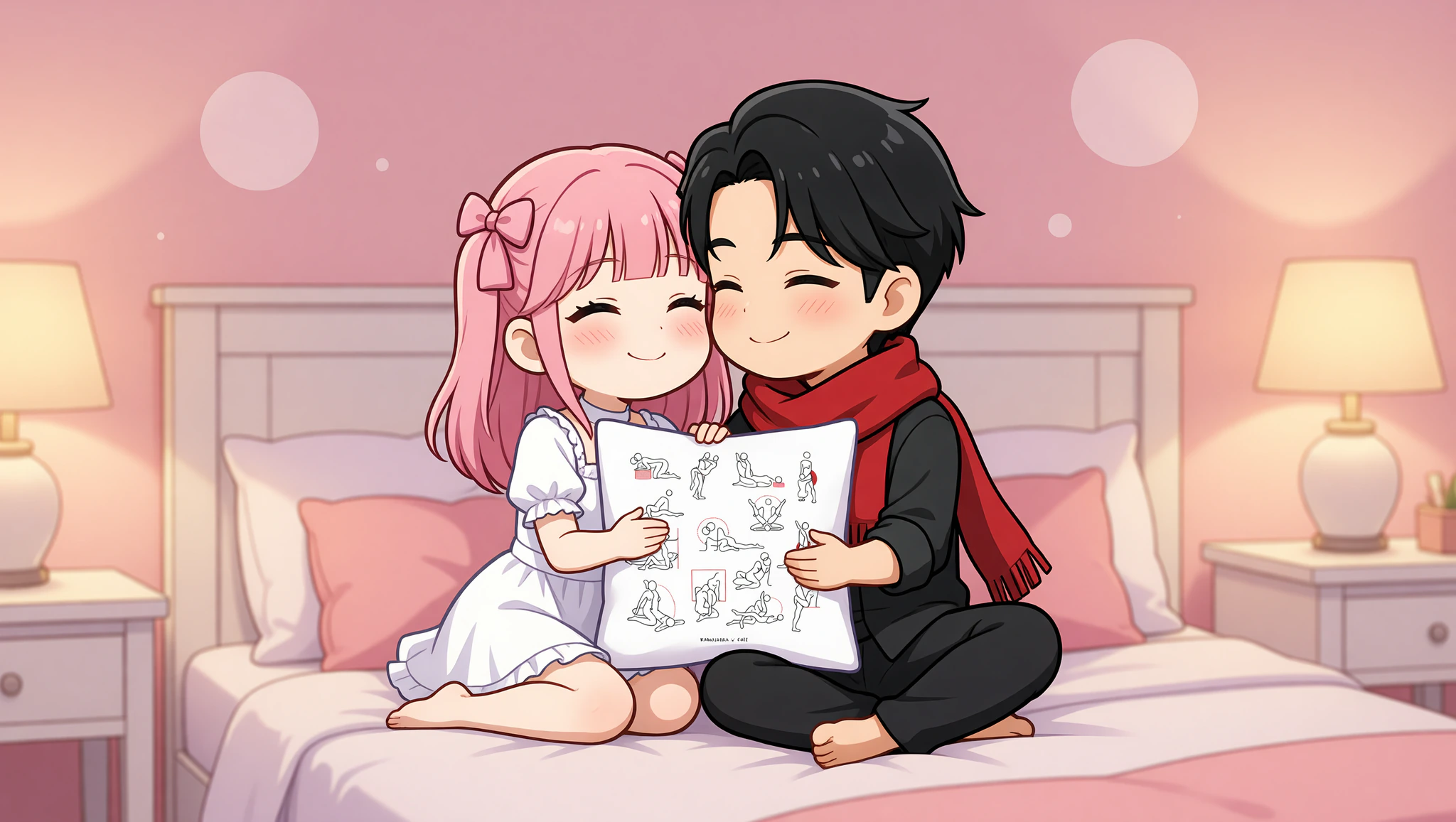 A man and a woman in missionary position using bedroom headboard for leverage in a decorated room.