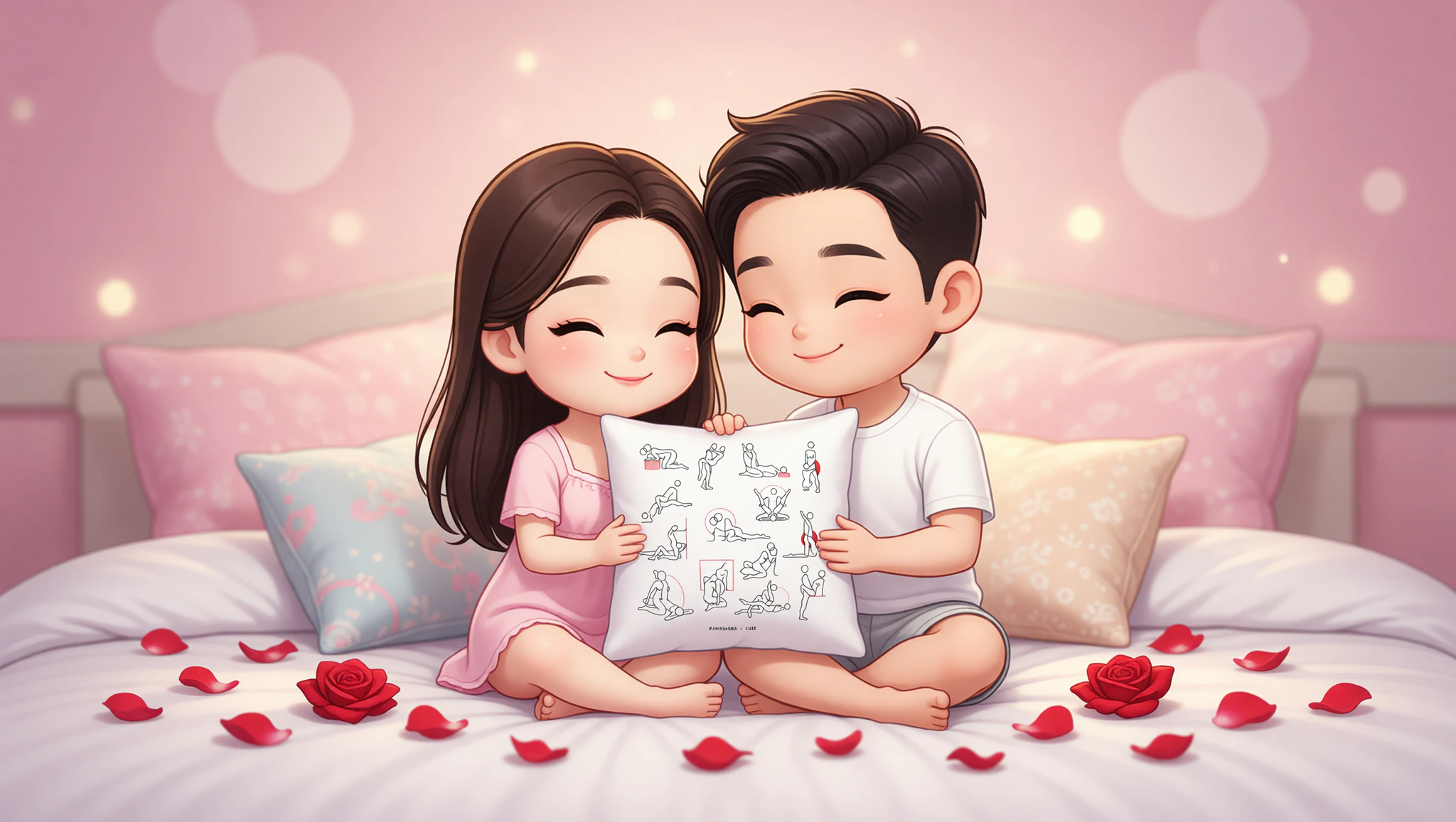 A man and woman in a close lotus position on a bed surrounded by anniversary petals.