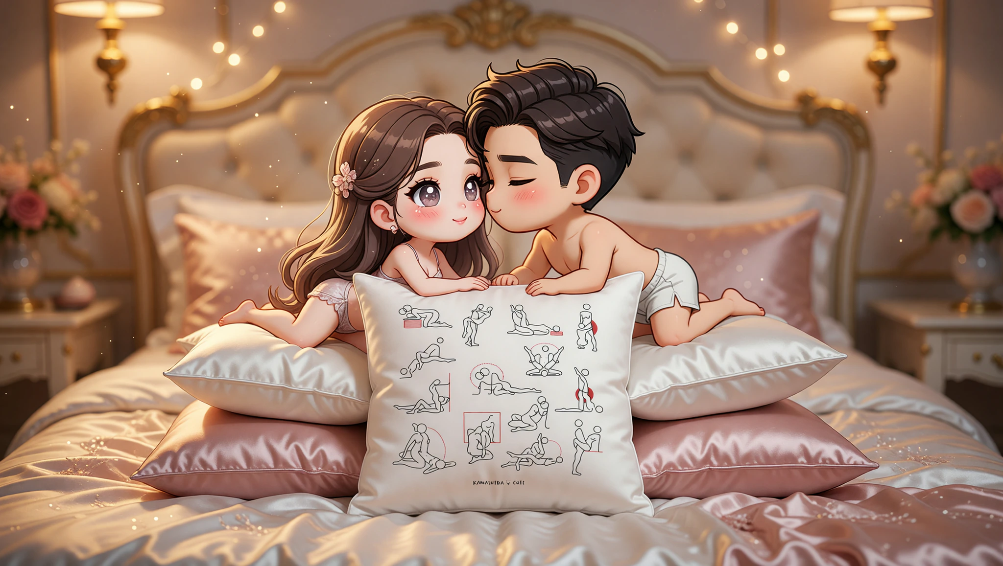 A loving couple explores a pillow-propped missionary position amidst cozy bedroom decor.