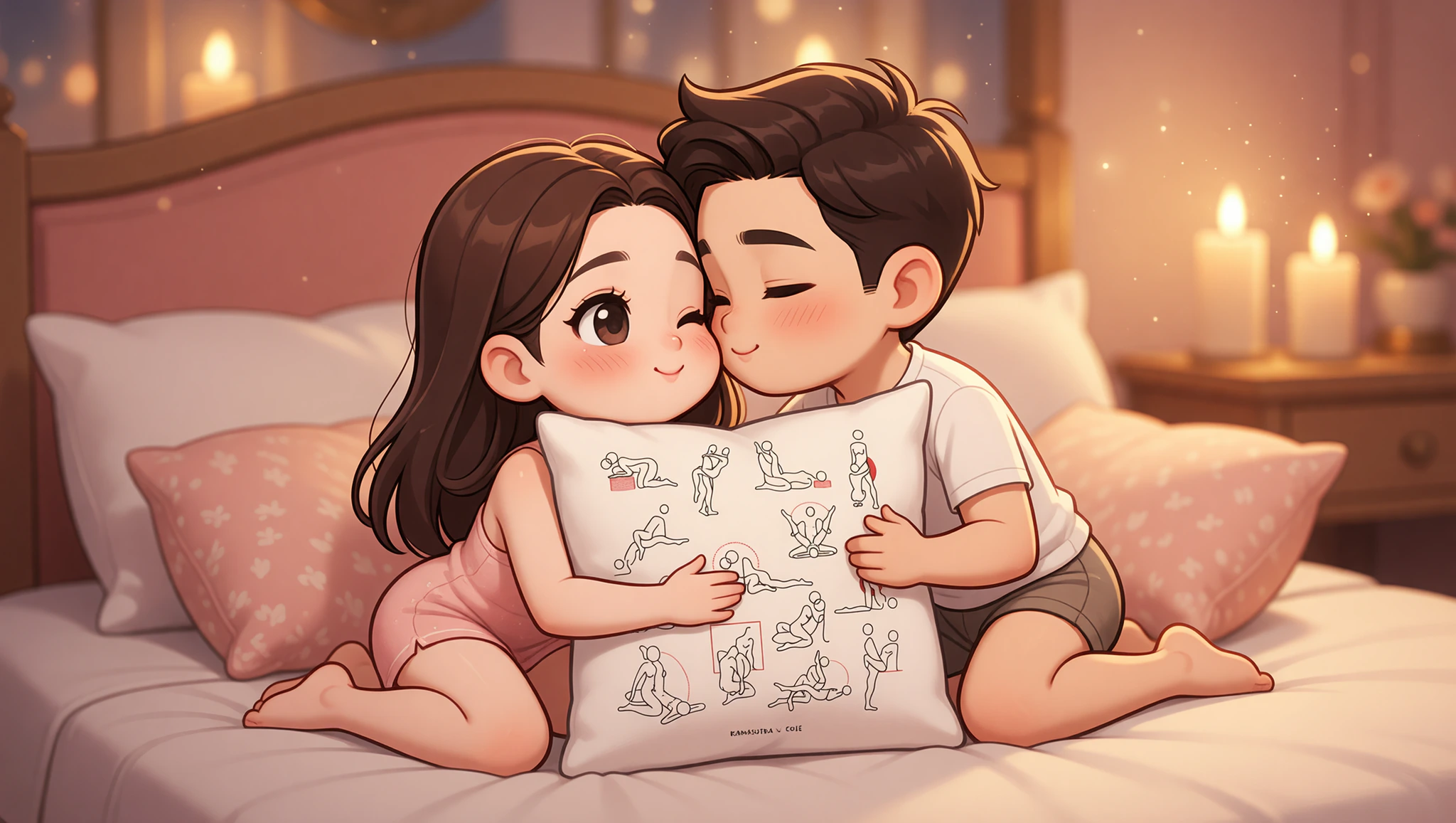 A man and woman sharing an intimate missionary position in a cozy, candlelit bedroom.