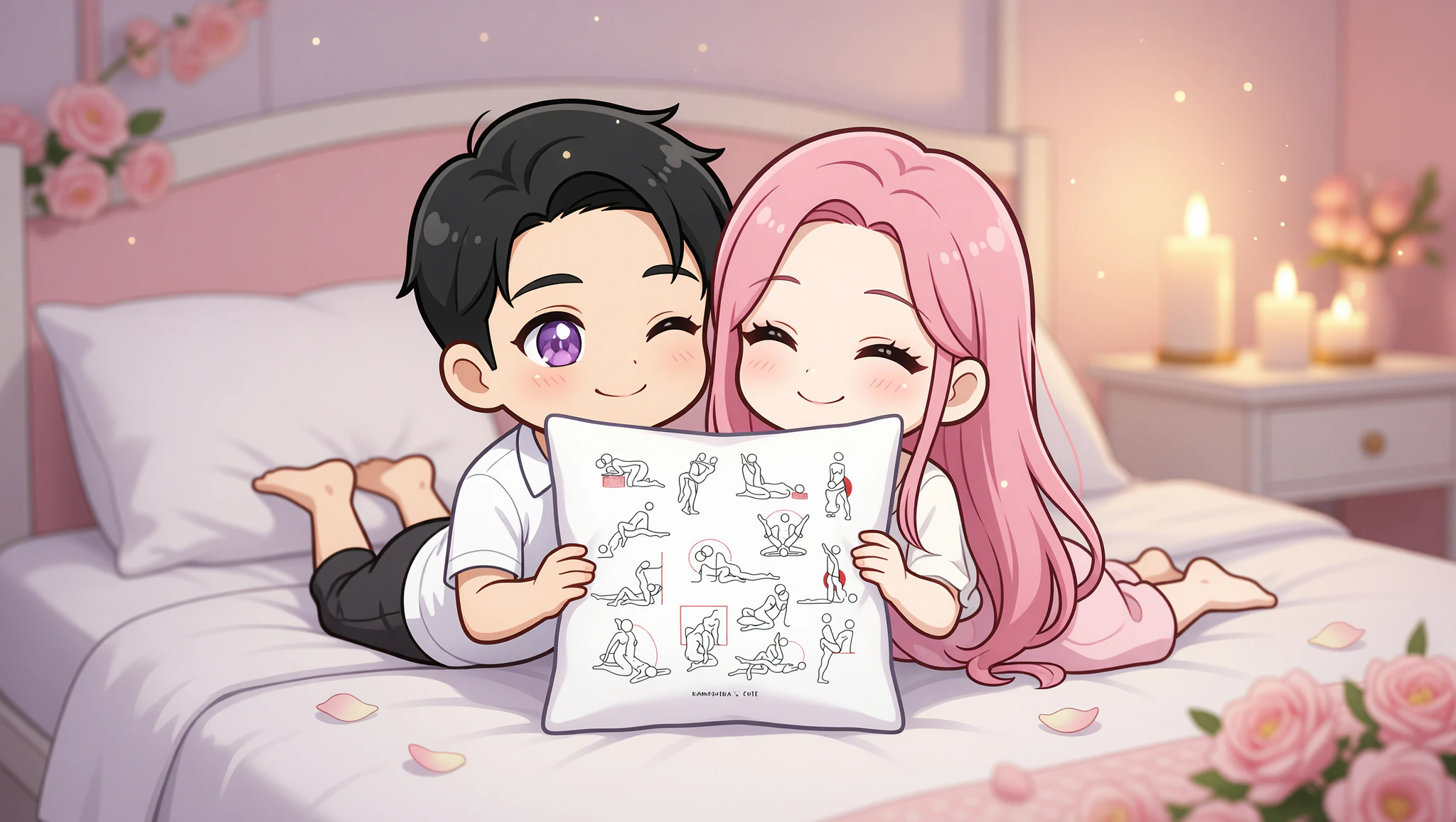 A man and woman sharing an intimate anniversary position in a warmly lit bedroom.