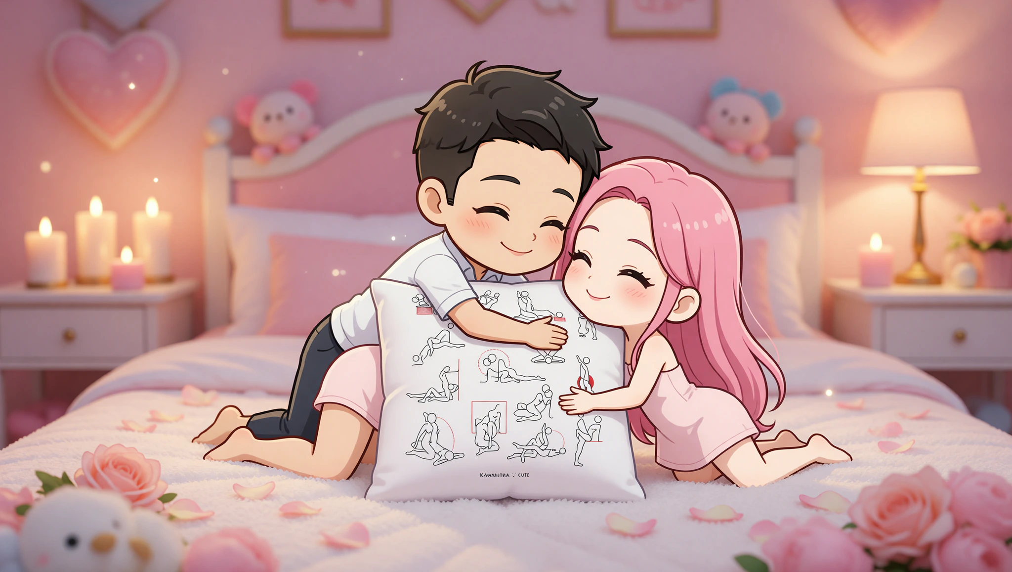 Romantic heterosexual couple celebrating their anniversary with an elevated missionary sex position enhanced by a supportive pillow.