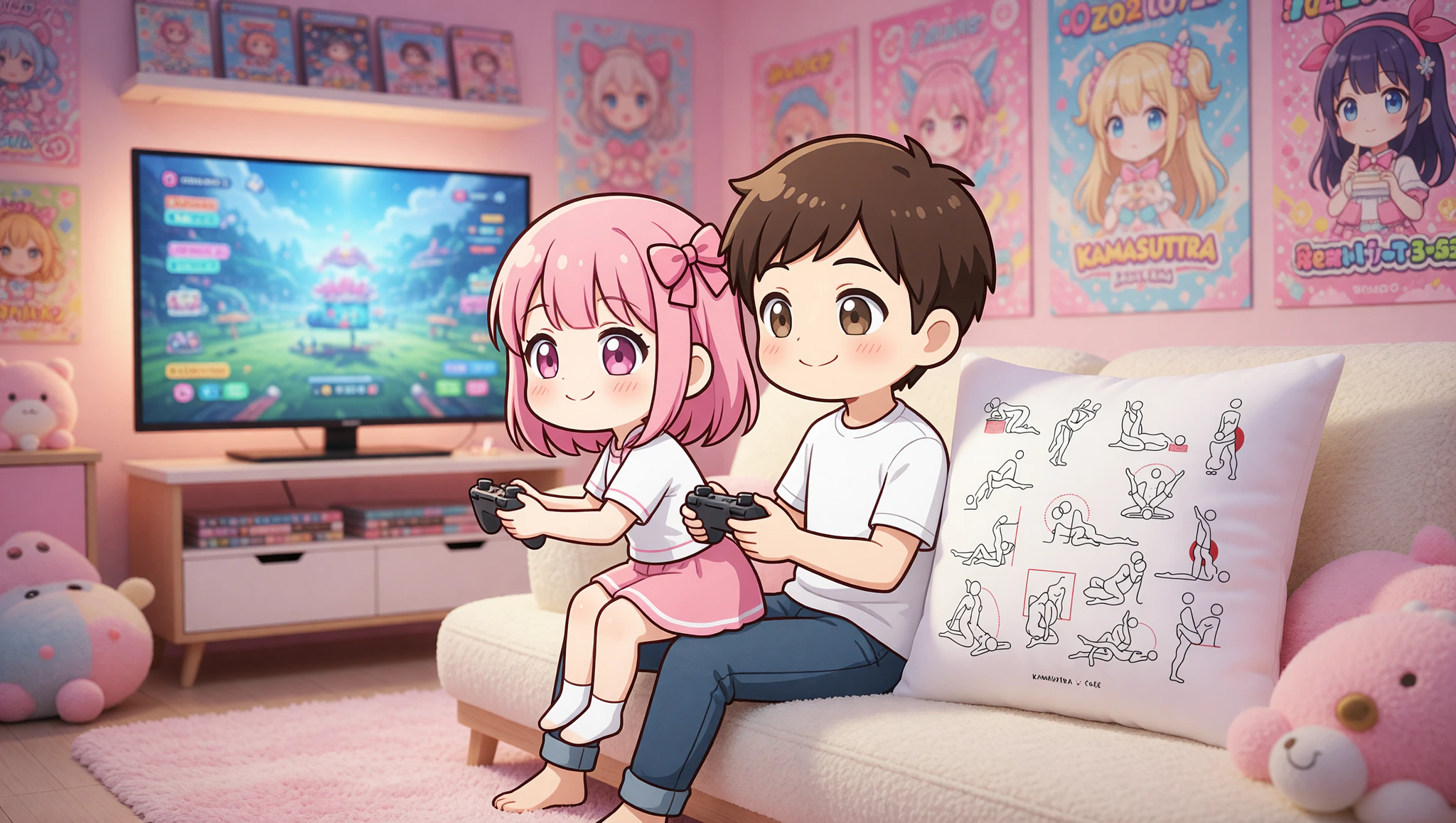 Gamer couple in sitting on lap position with controllers nearby on the couch.