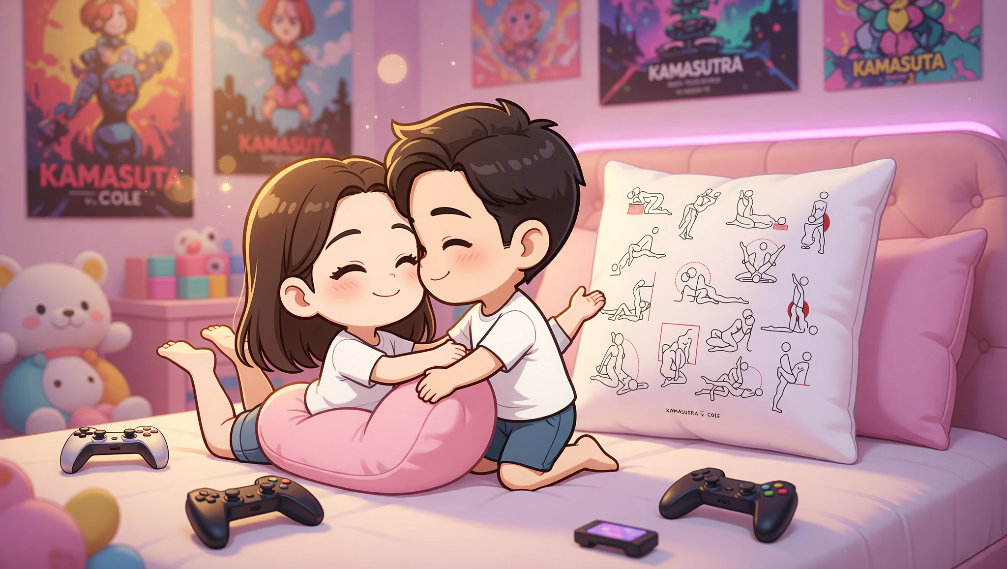Man and woman couple in legs up missionary position amid gamer bedroom decor.
