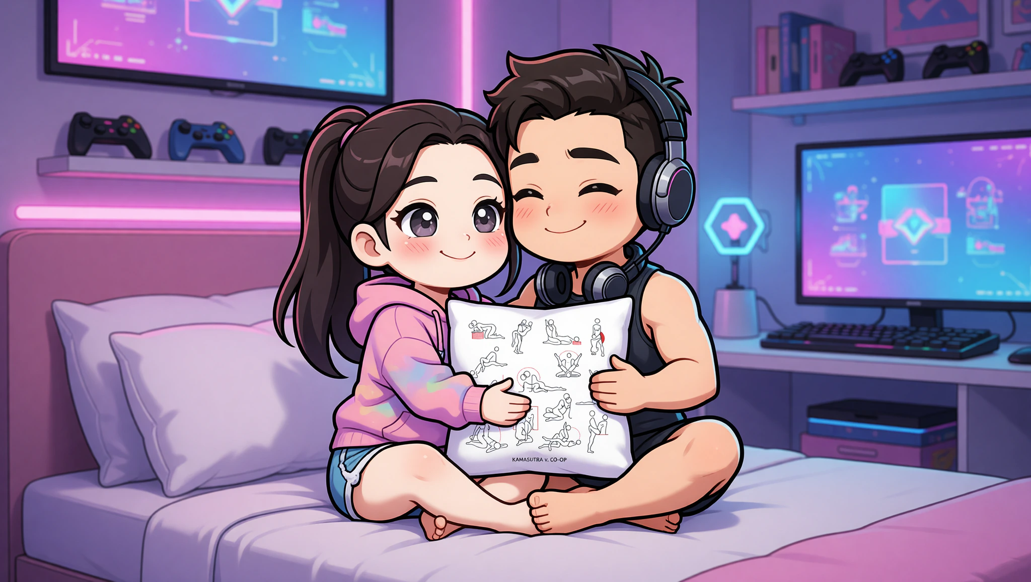 Passionate gamer couple in lotus position using a supportive pillow amid gaming setup.