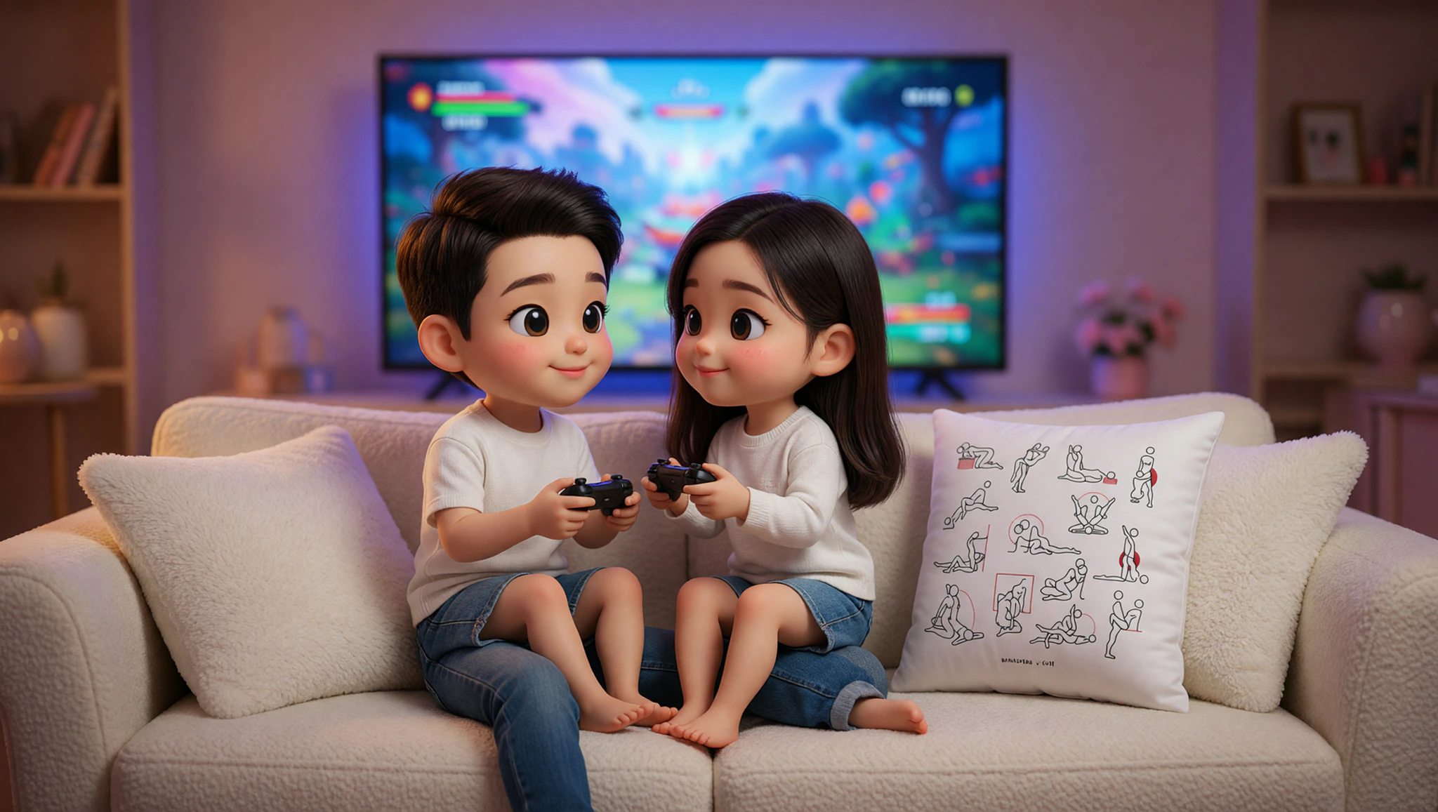 Man and woman straddling intimately on couch while holding game controllers and watching TV screen.