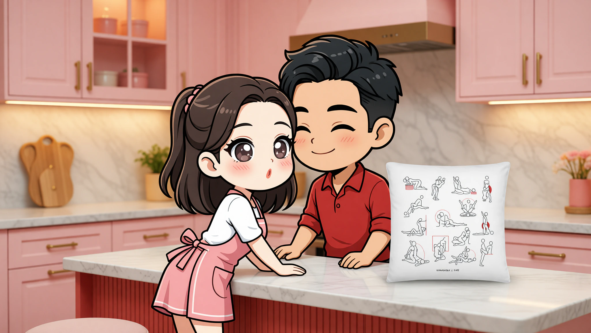 Man and woman in teasing kitchen sex position over counter.