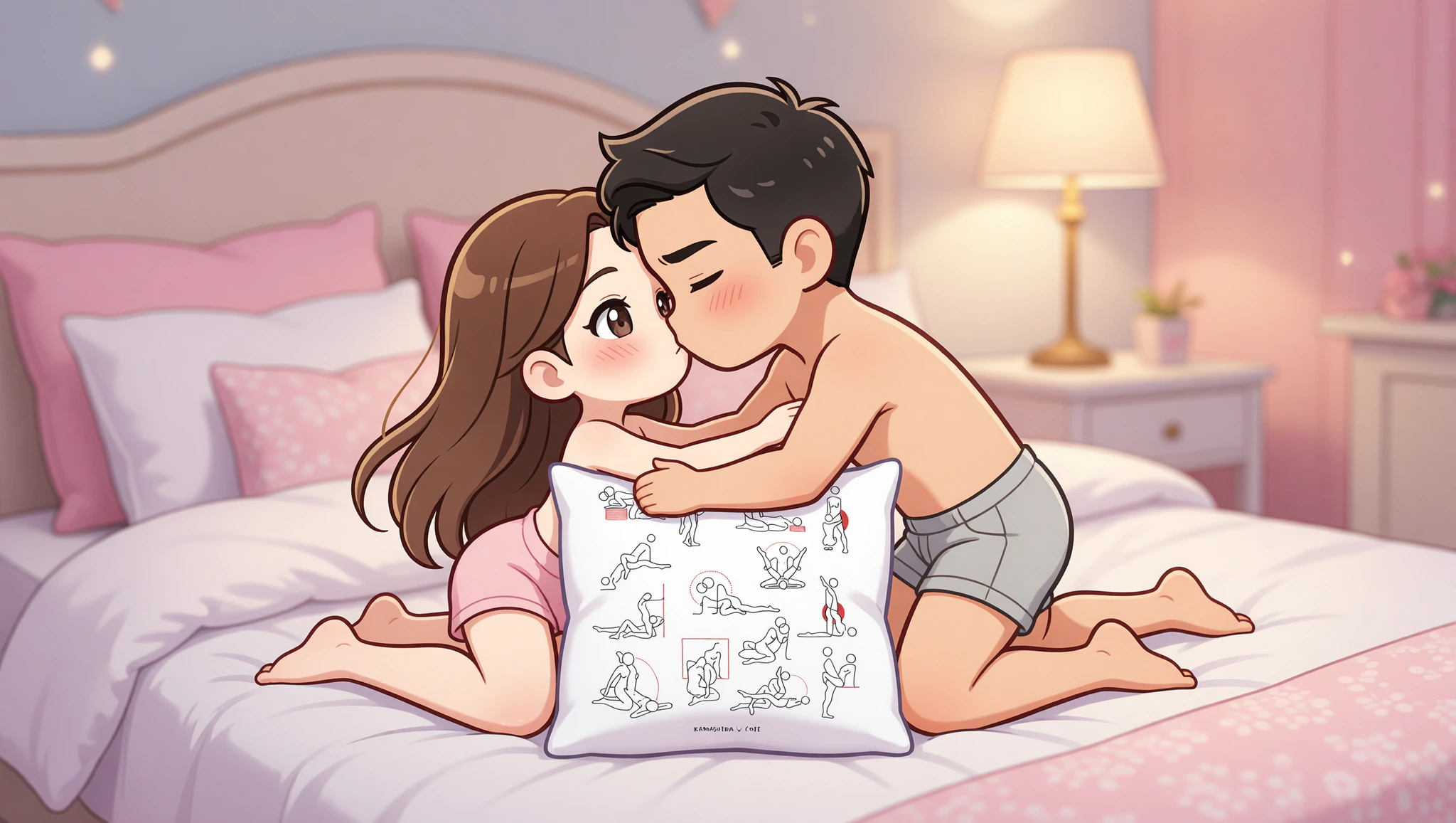 Man and woman reconnecting intimately in missionary position with hip elevation.