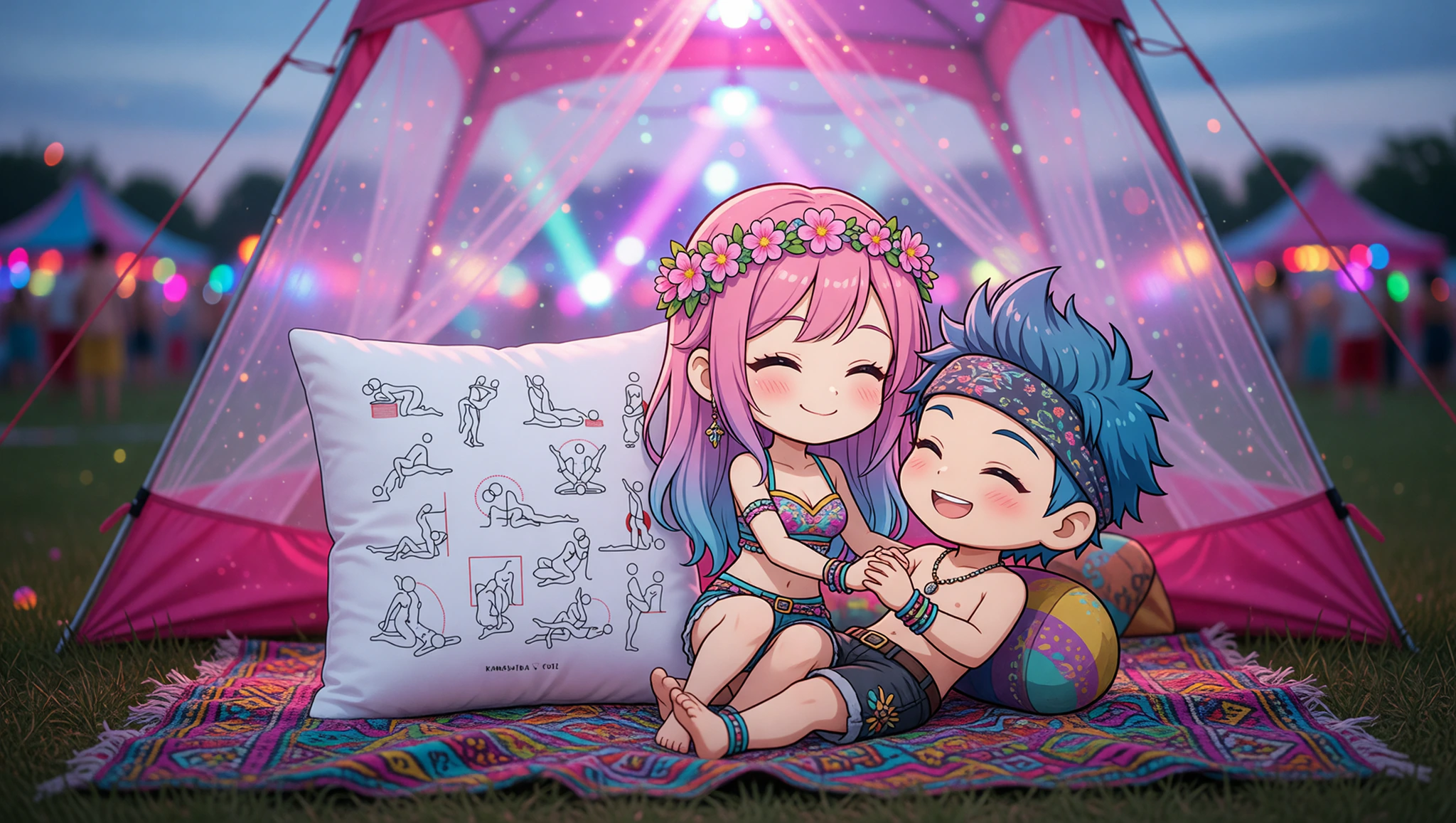 A man and woman sharing an intimate festival rush position inside a glowing tent.