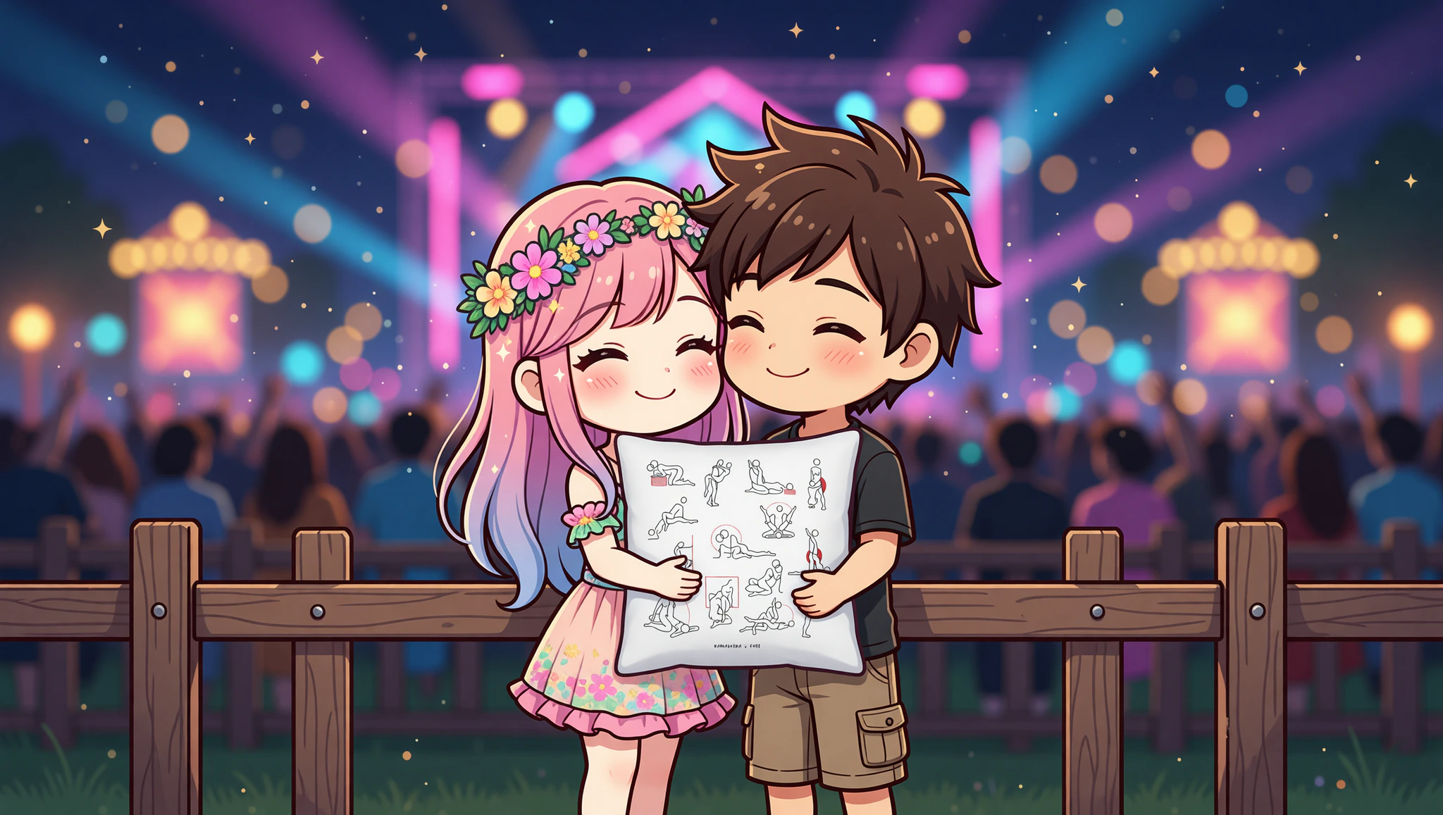 Heterosexual couple sharing a thrilling intimate moment against a fence at a lively music festival.