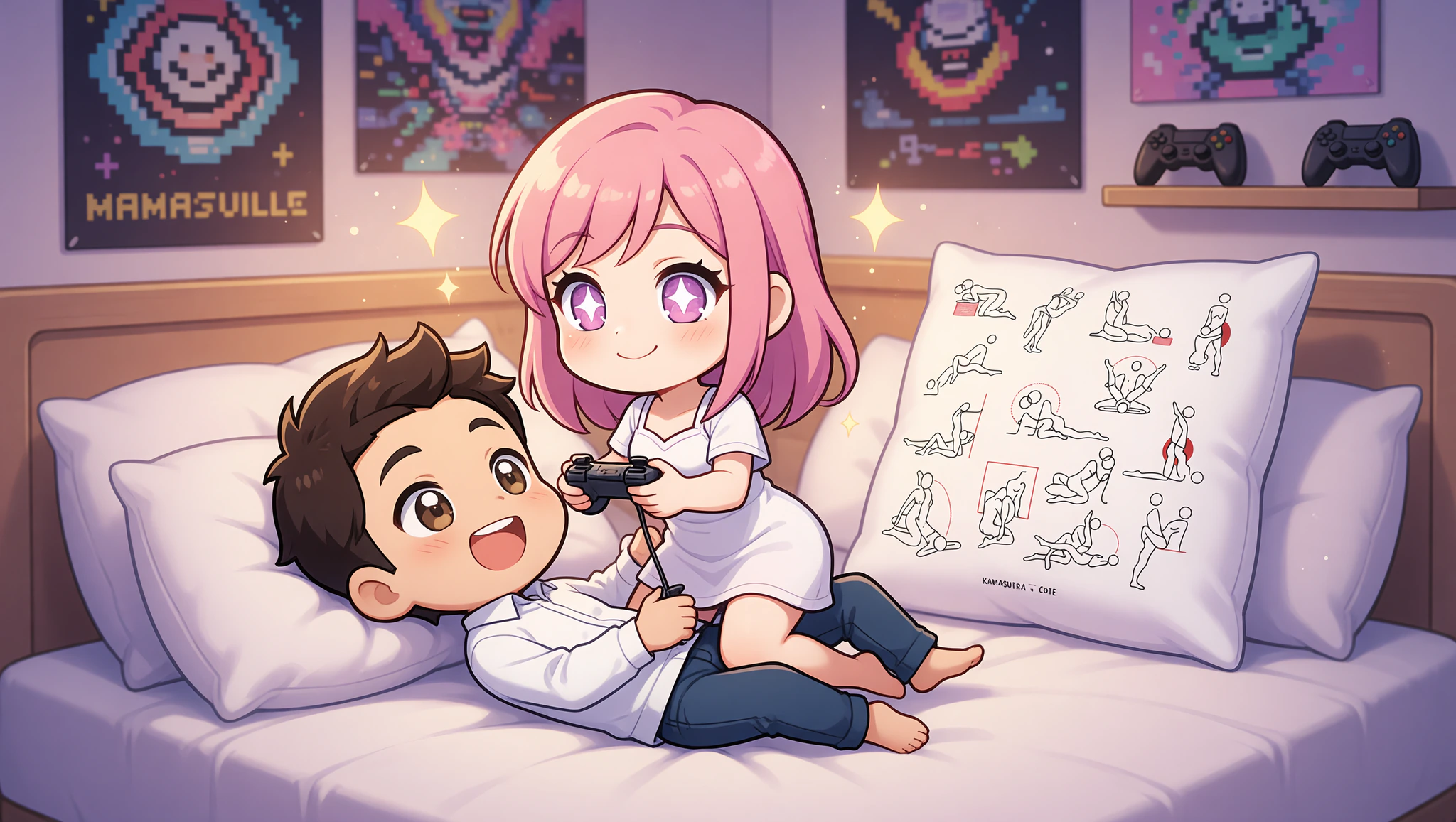 Gamer couple enjoying the Controller Cowgirl position in their gaming-themed bedroom.
