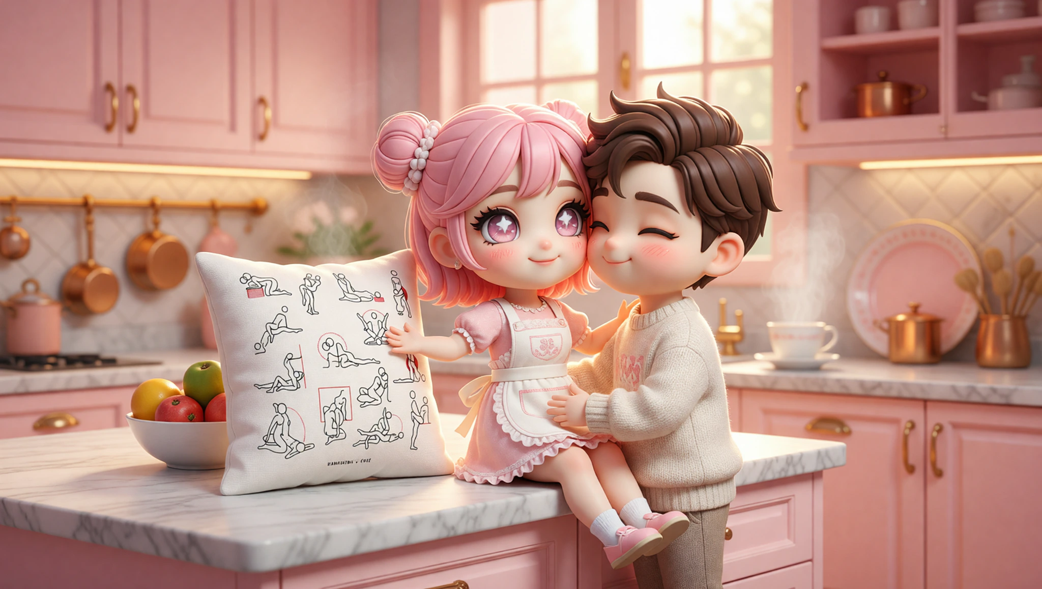 Heterosexual couple exploring a naughty countertop position in a sunlit kitchen.