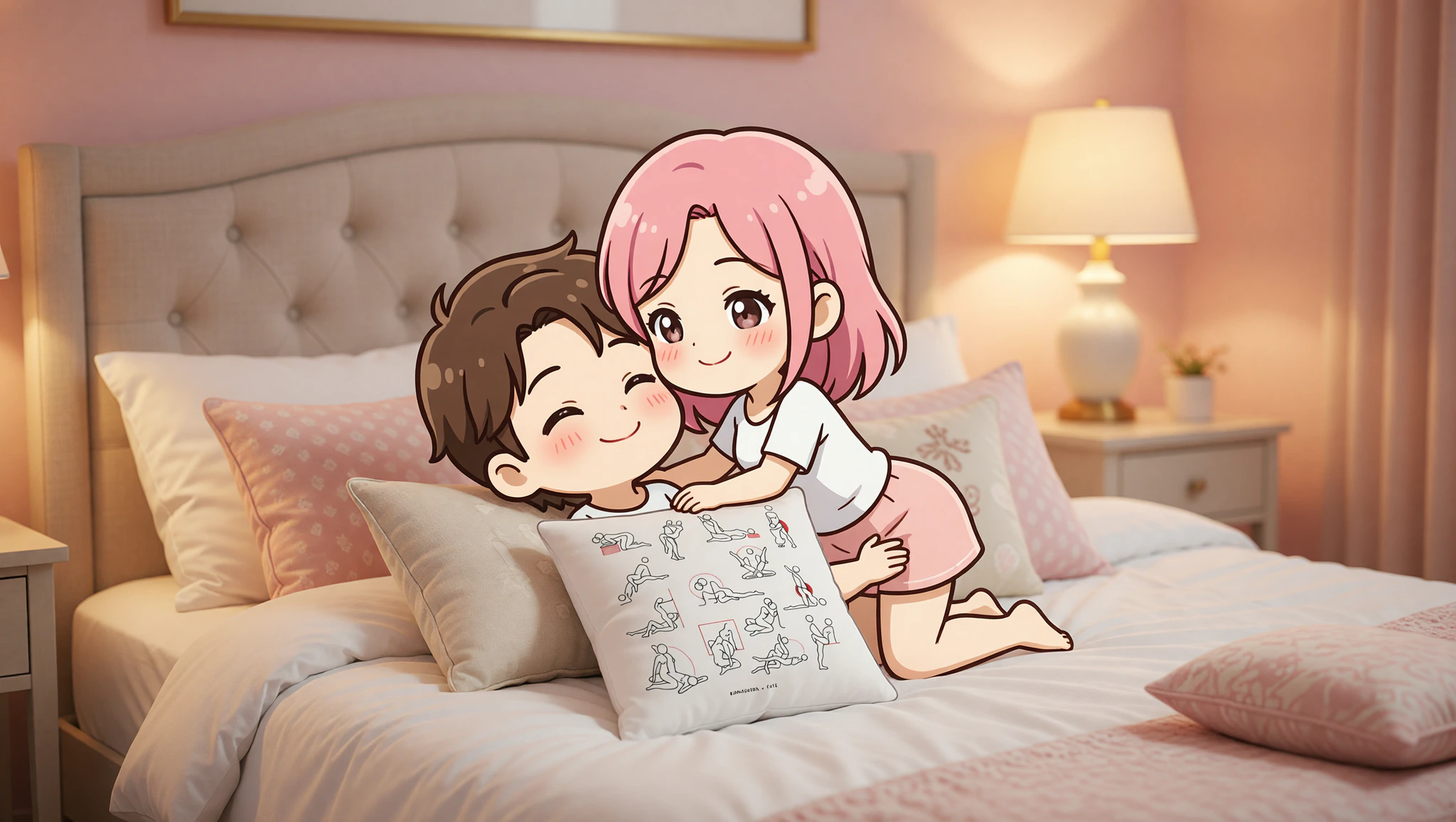 Man and woman in woman on top position using bedroom pillows for comfort.