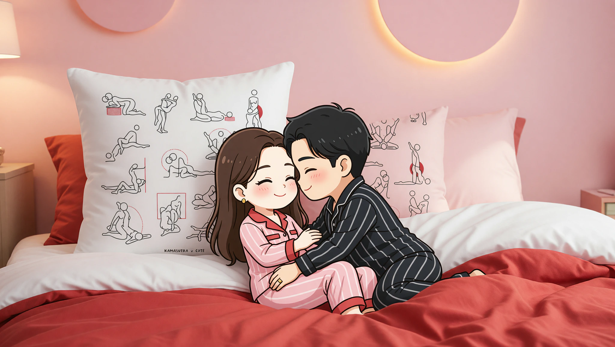 Newlywed couple lies spooning from side on bed, sharing intimate moment.