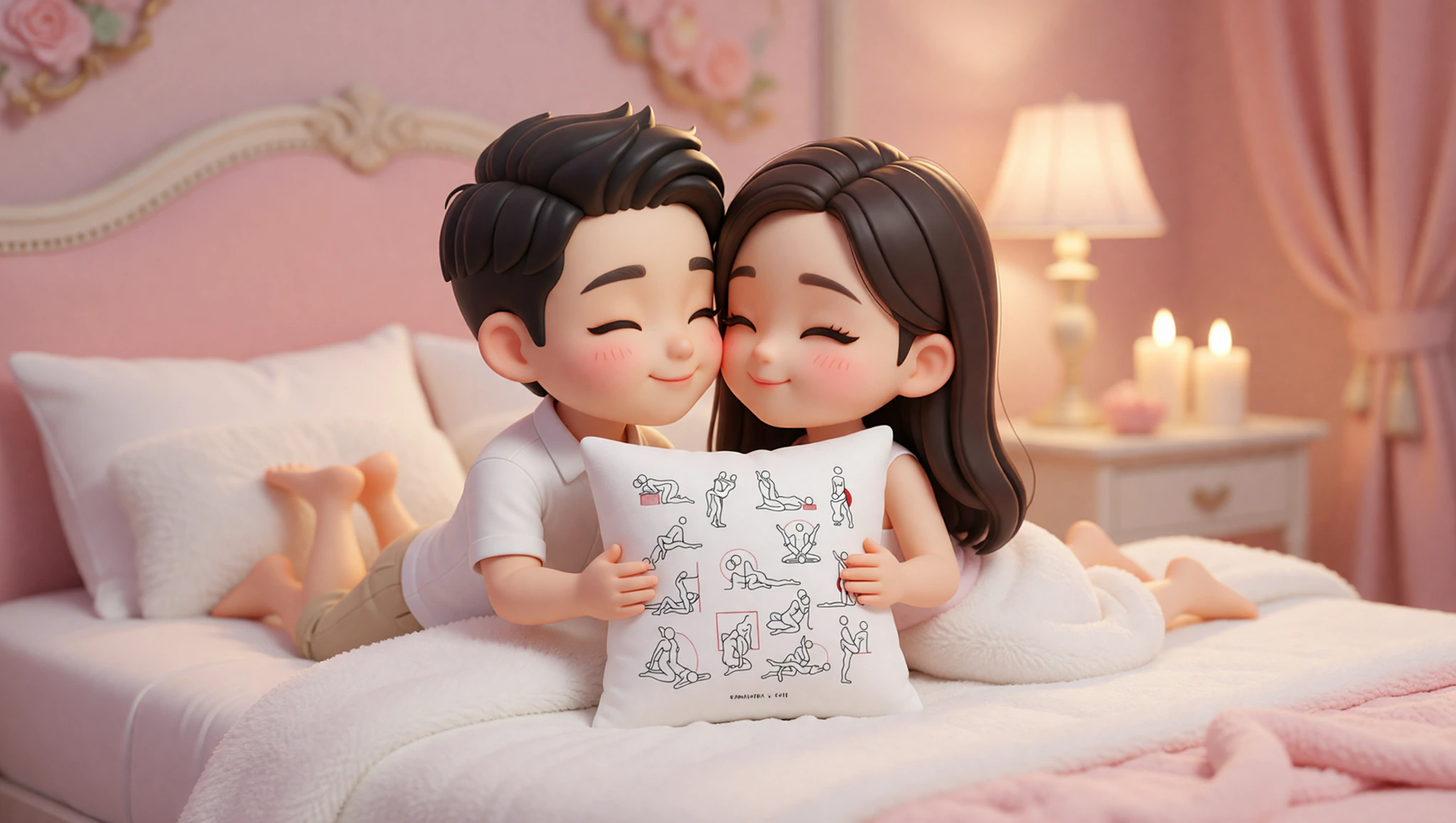 A man and woman sharing an intimate elevated missionary embrace in a cozy bedroom.