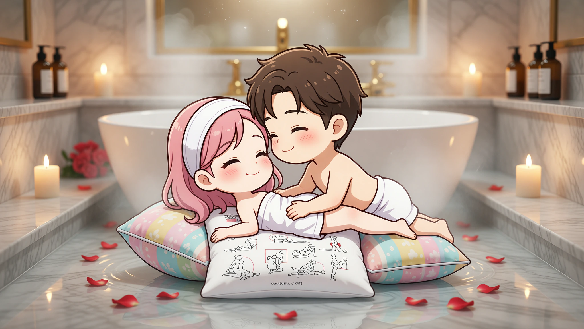 A loving couple enjoys the elevated missionary position on a supportive pillow amid a sensual spa evening atmosphere.