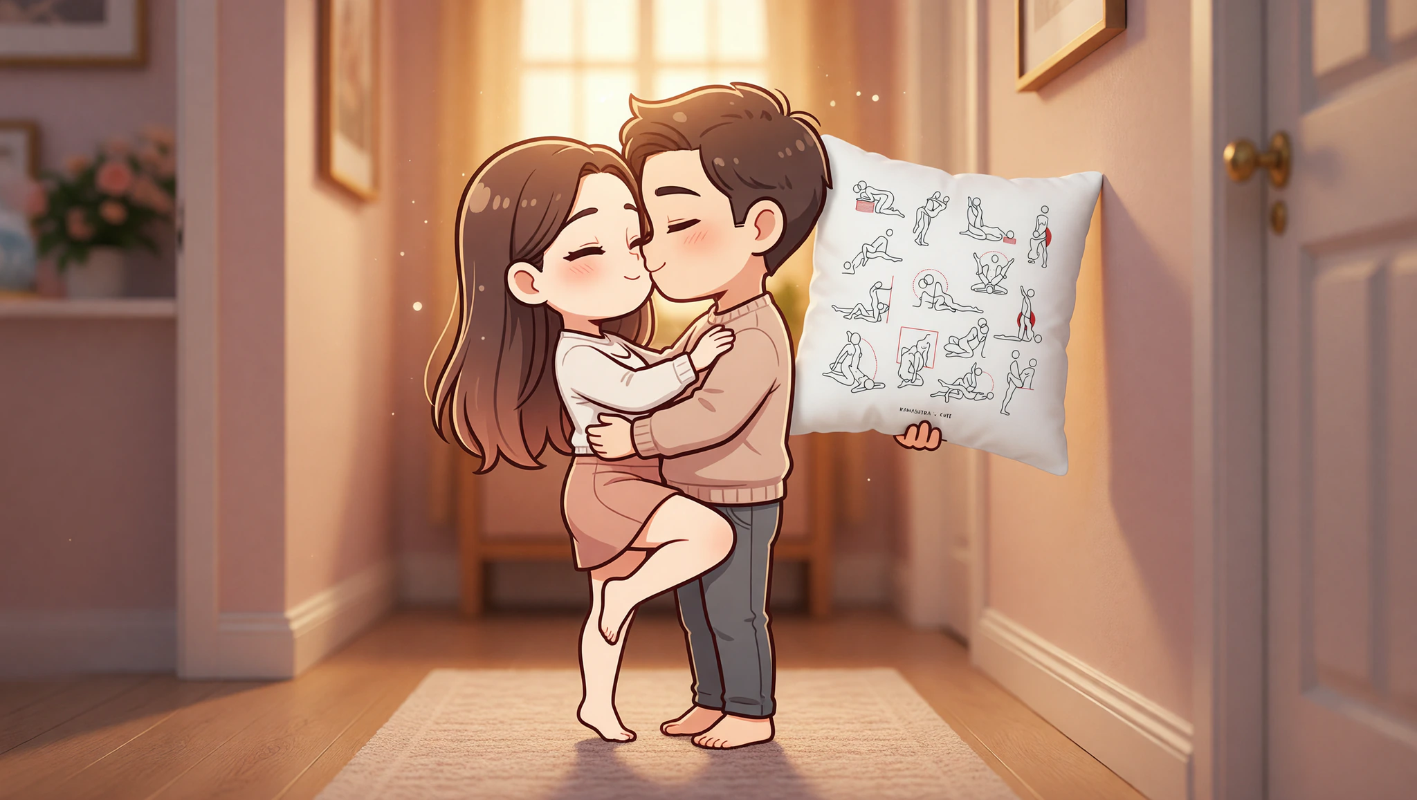 A man and woman locked in an impulsive wall slam position, radiating spontaneous passion in their home.