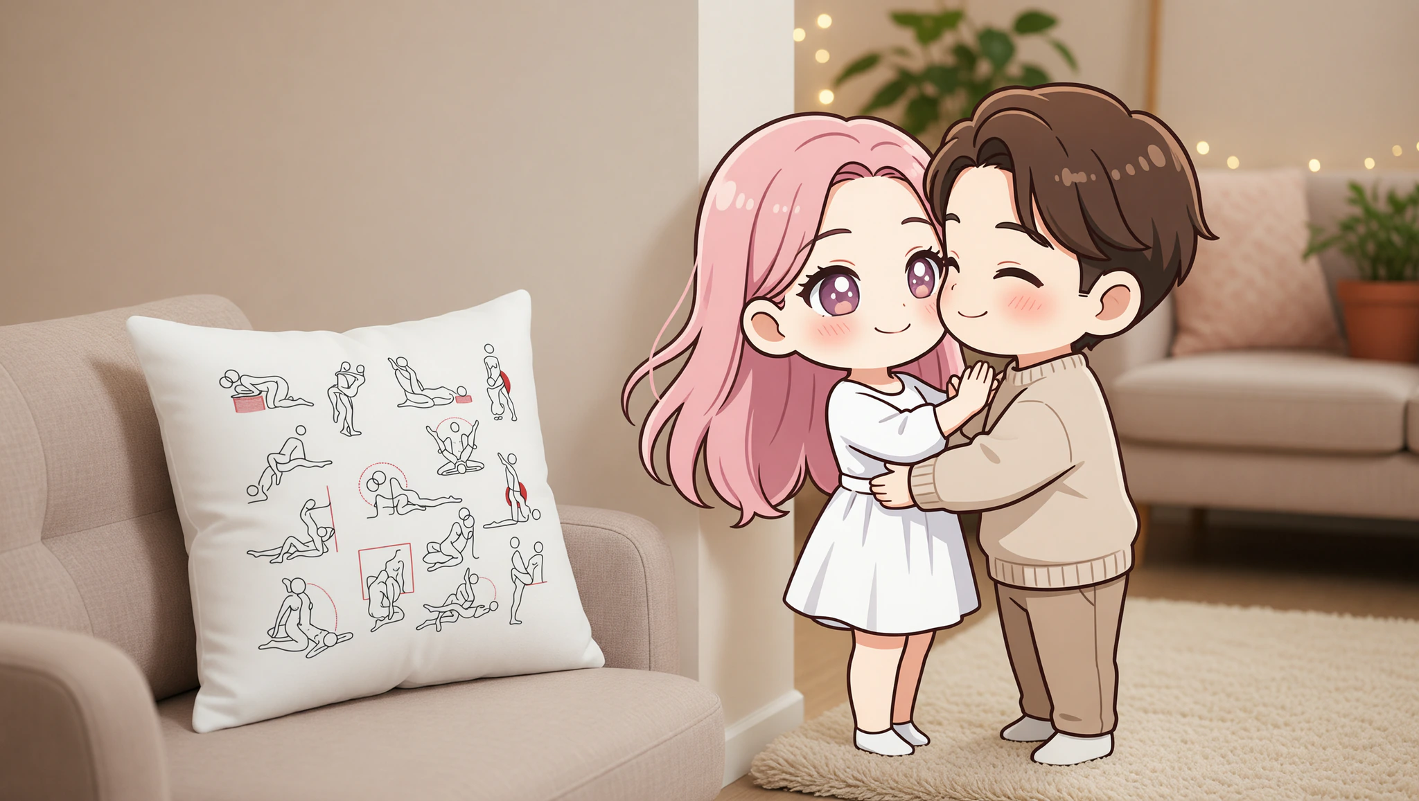 A man and woman in a standing intimate position against a wall in a living room.