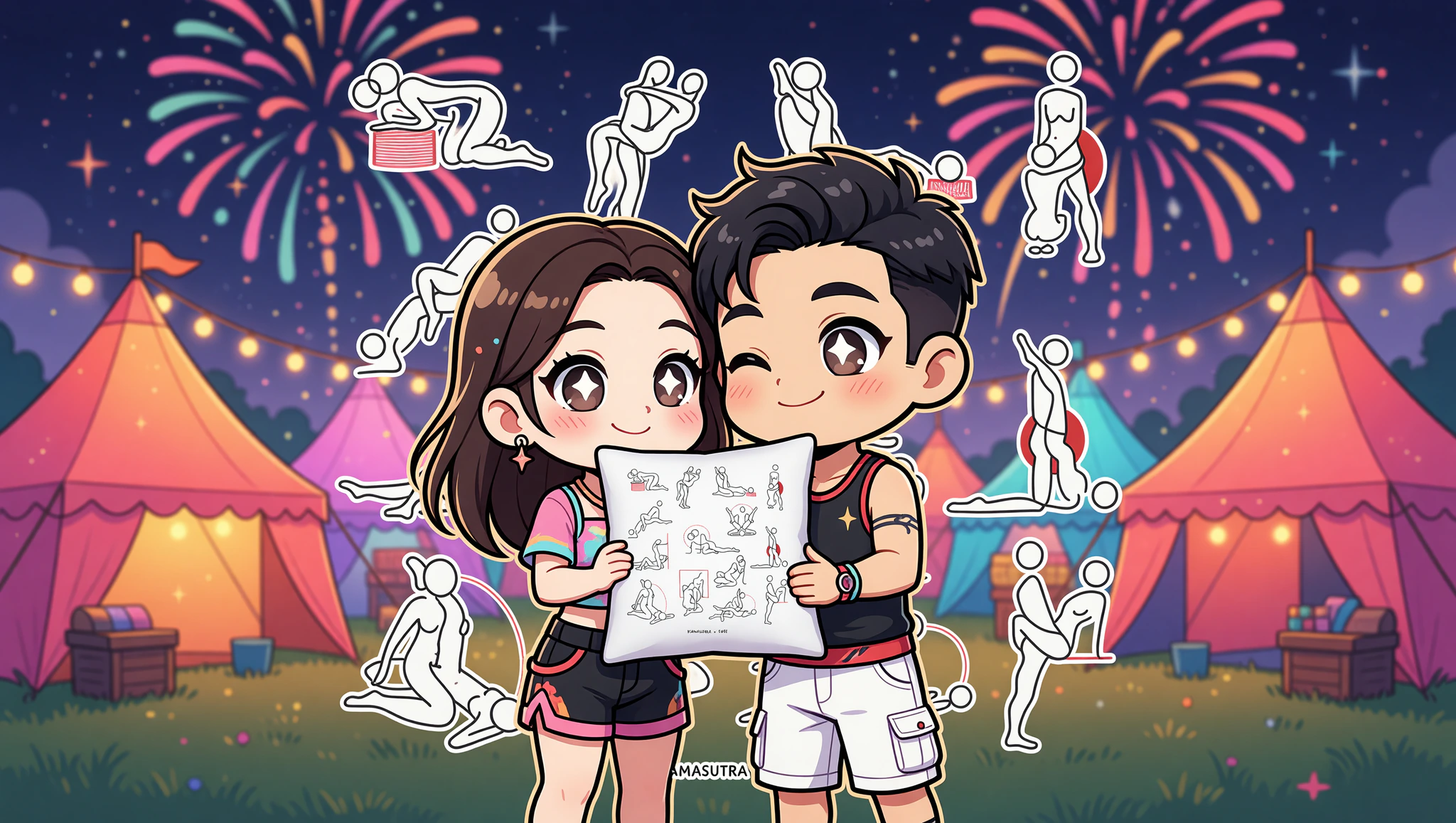 A man and woman in a dynamic wheelbarrow position under festival lights near a tent.